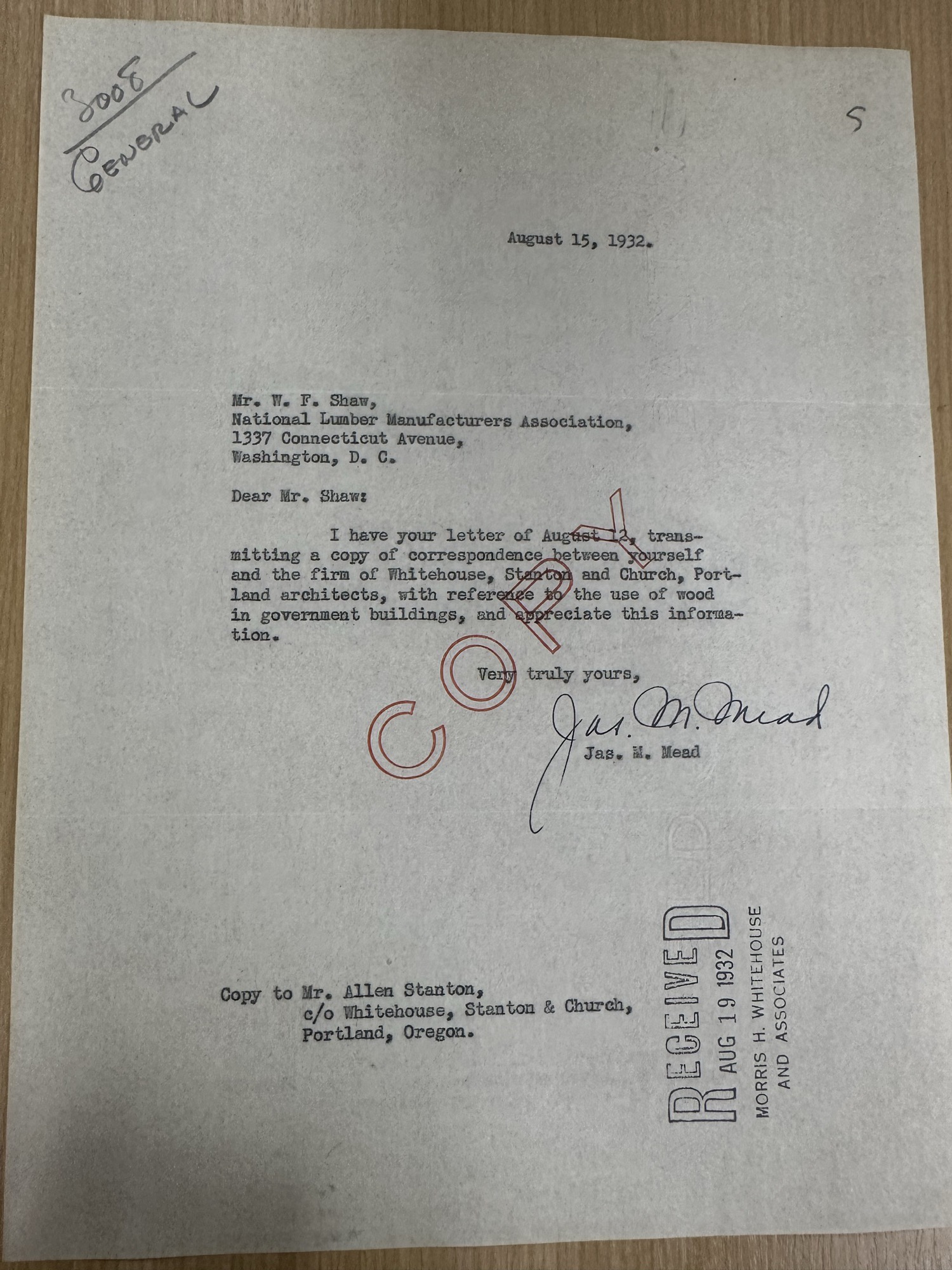 Rep. James M. Mead acknowledges wood-vs-steel correspondence copy