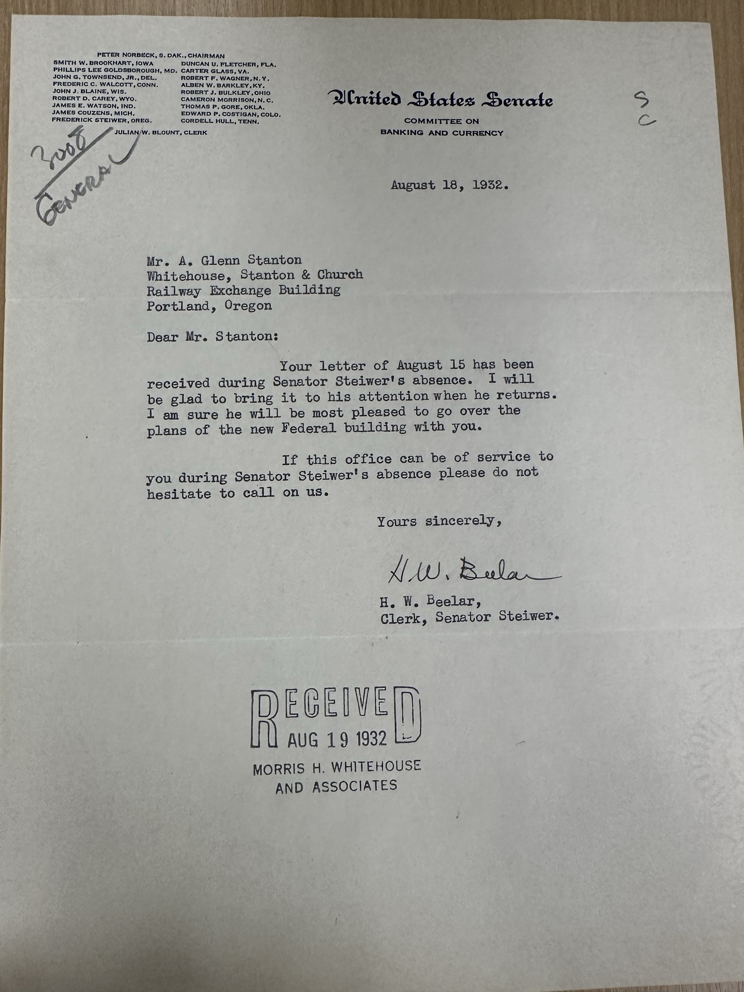 Sen. Steiwer's clerk to Stanton re: reviewing new Federal building plans