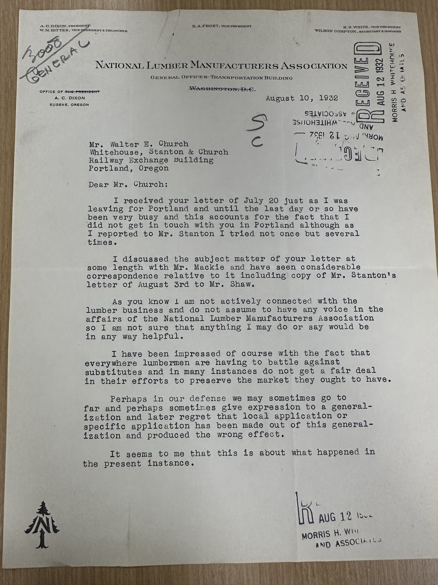 Letter from A.C. Dixon (Nat'l Lumber Mfrs Assn) to Walter Church, p.1