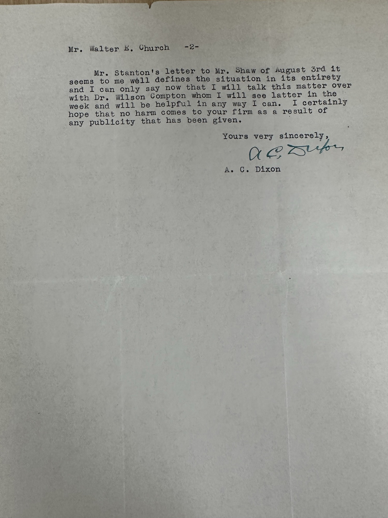 Letter from A.C. Dixon to Walter Church, p.2 (signed)