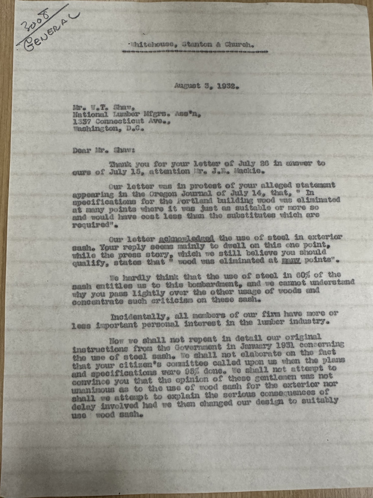 Whitehouse, Stanton & Church defense letter to W.F. Shaw, p.1