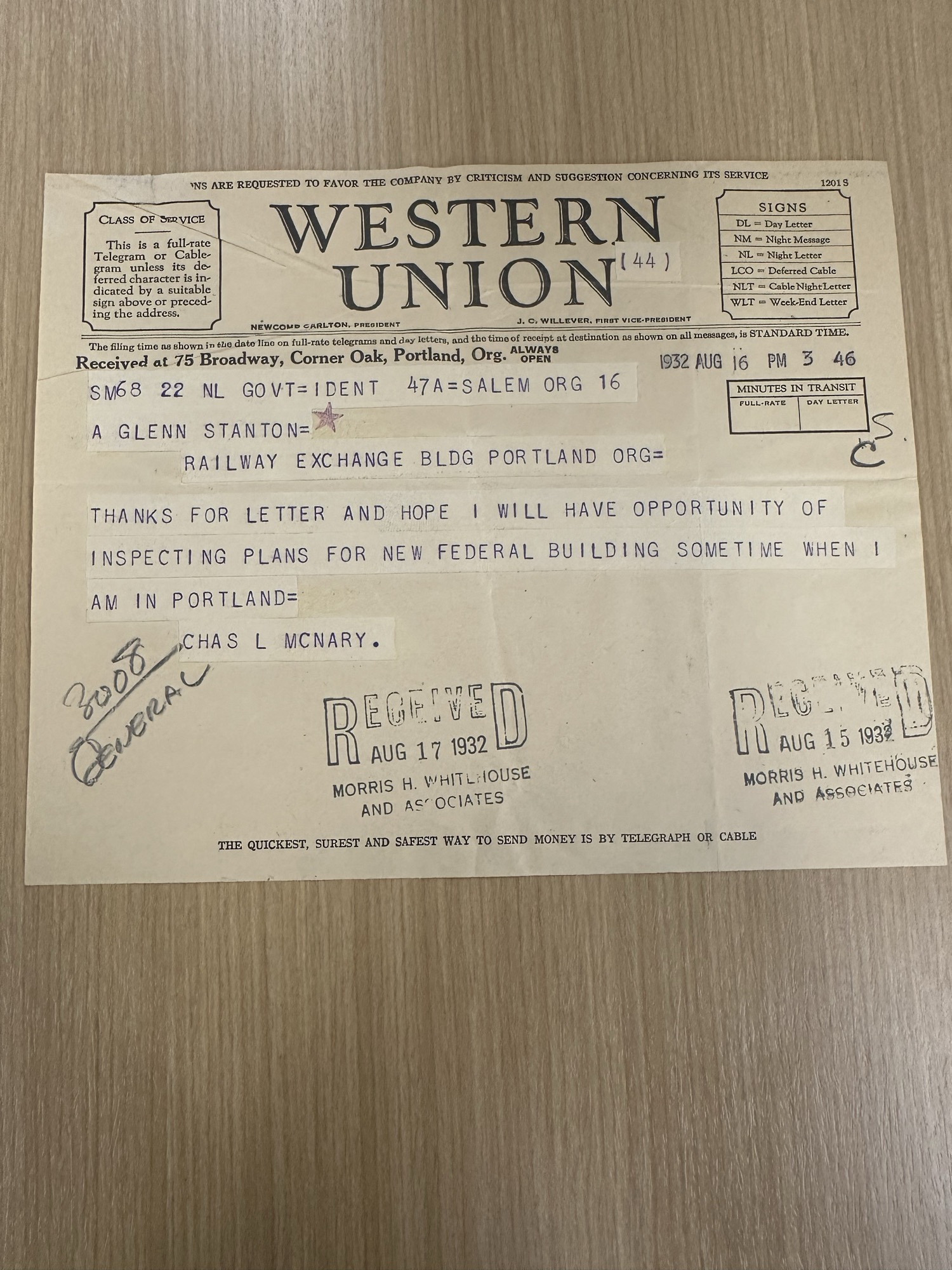 Western Union telegram from Sen. Charles L. McNary to A. Glenn Stanton