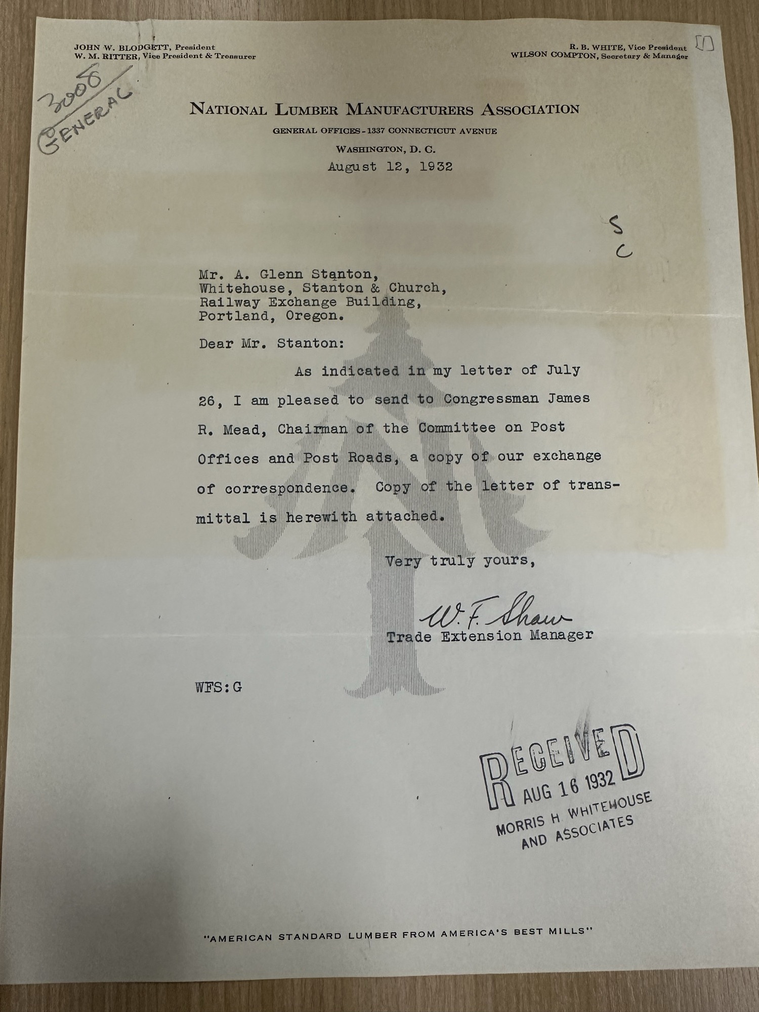 W.F. Shaw (NLMA) to Stanton re: sending correspondence to Rep. Mead