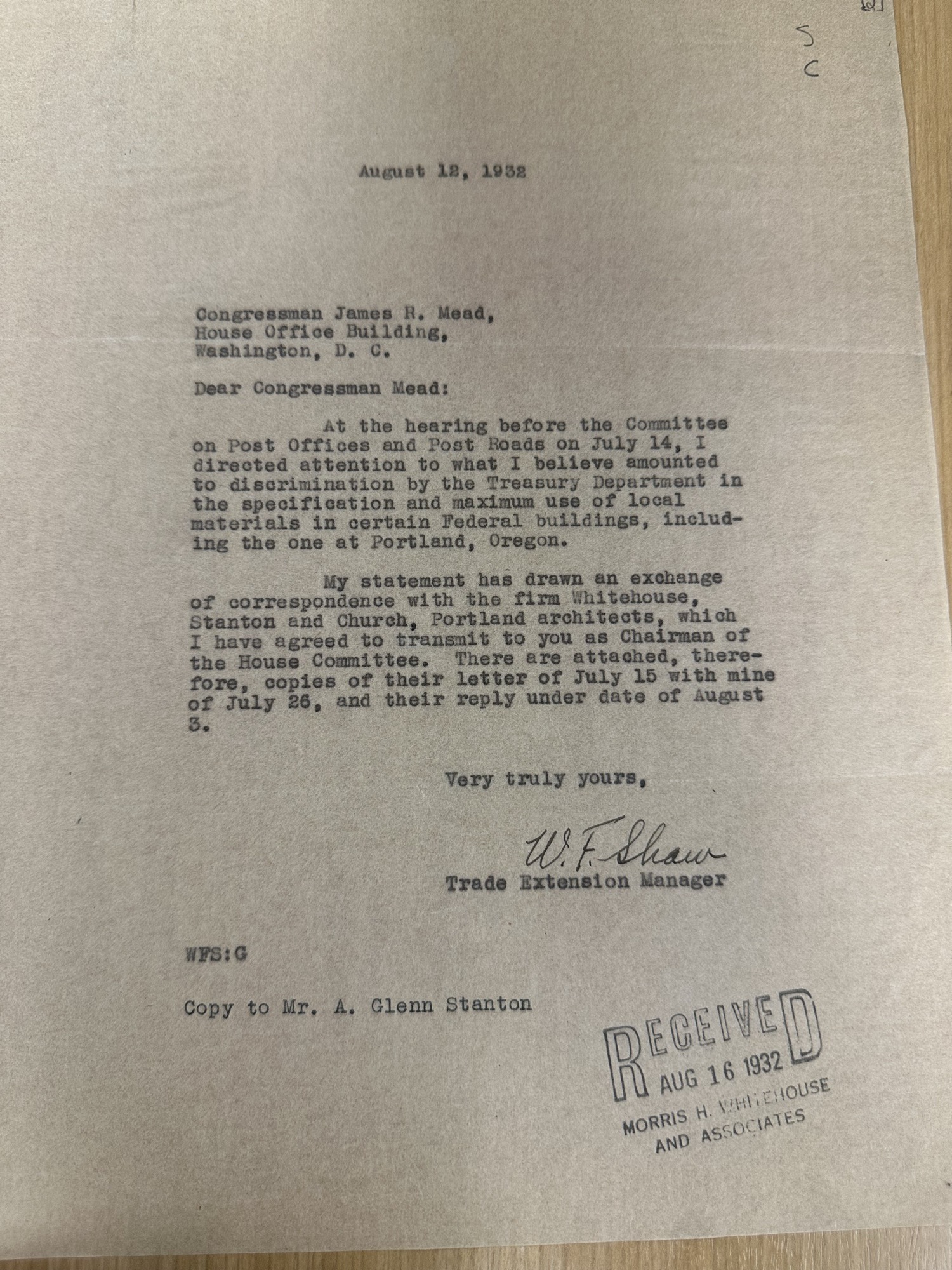 W.F. Shaw transmittal letter to Congressman James R. Mead