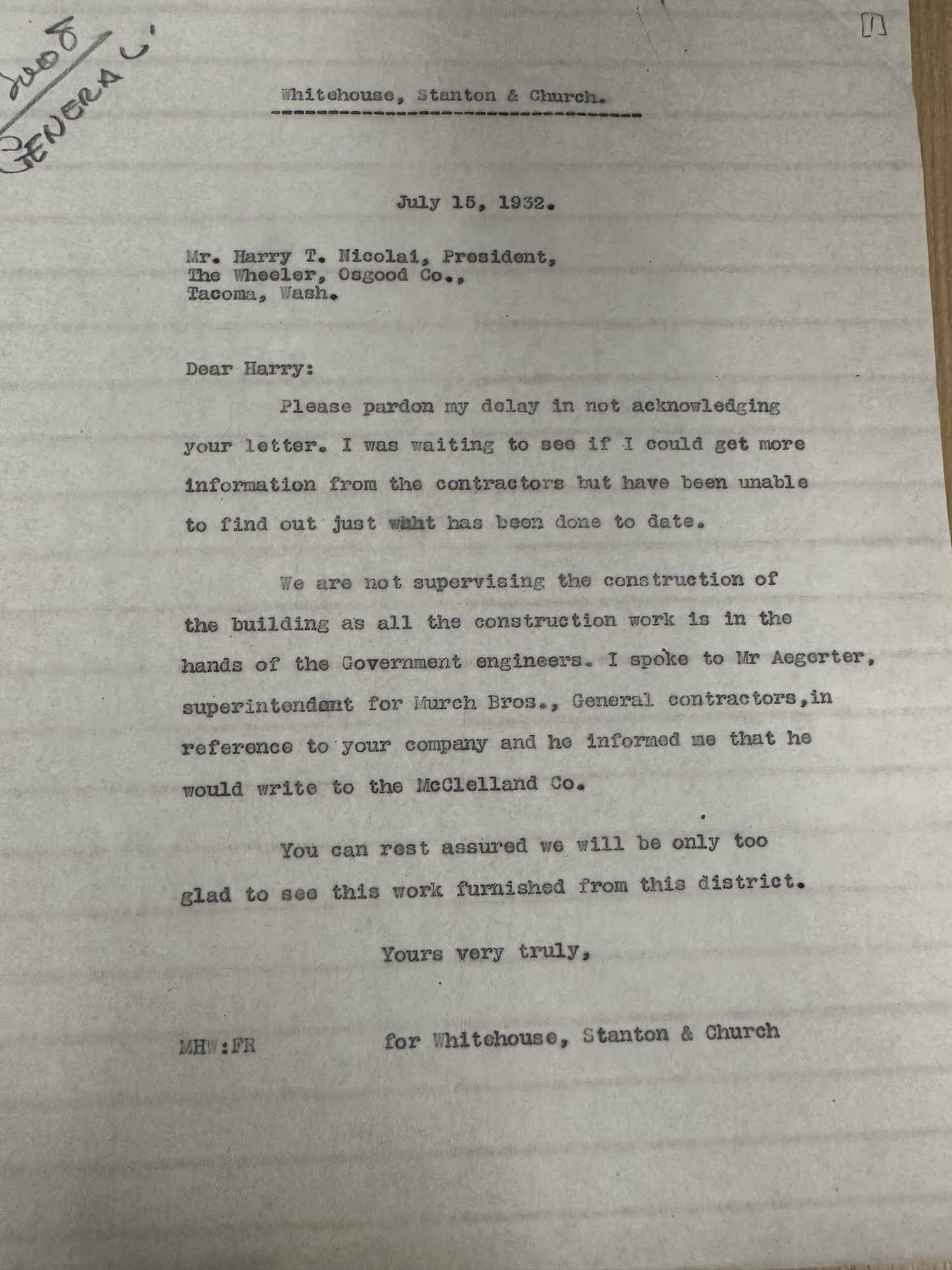 Whitehouse, Stanton & Church to Harry Nicolai (Wheeler Osgood) re: contractors