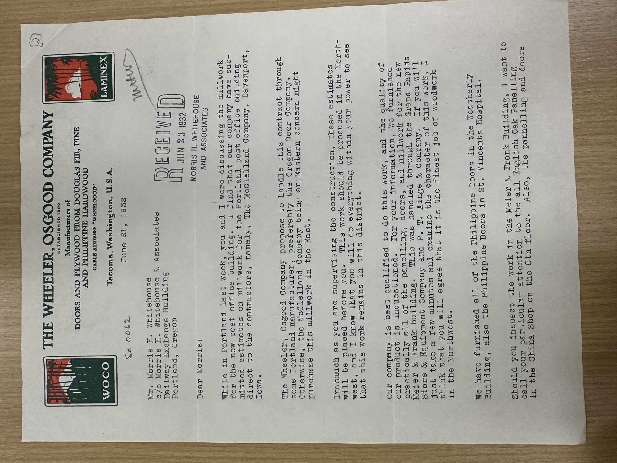 Wheeler, Osgood Co. to Whitehouse re: millwork contract, p.1