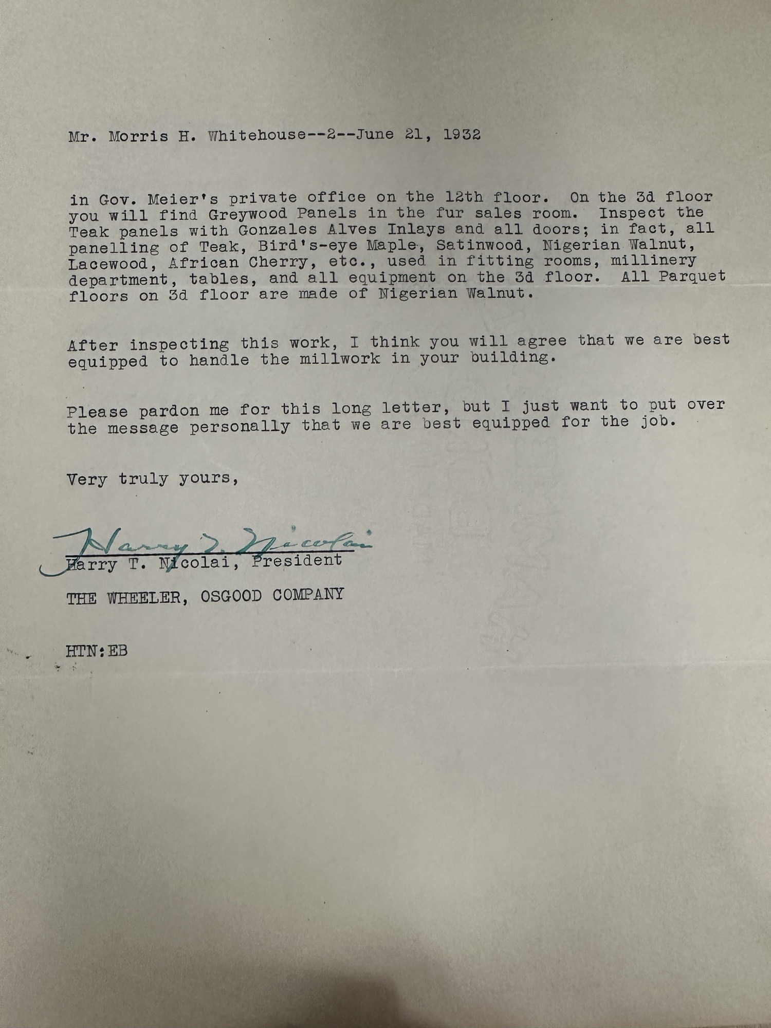Wheeler, Osgood Co. letter to Whitehouse, p.2 (exotic woods)