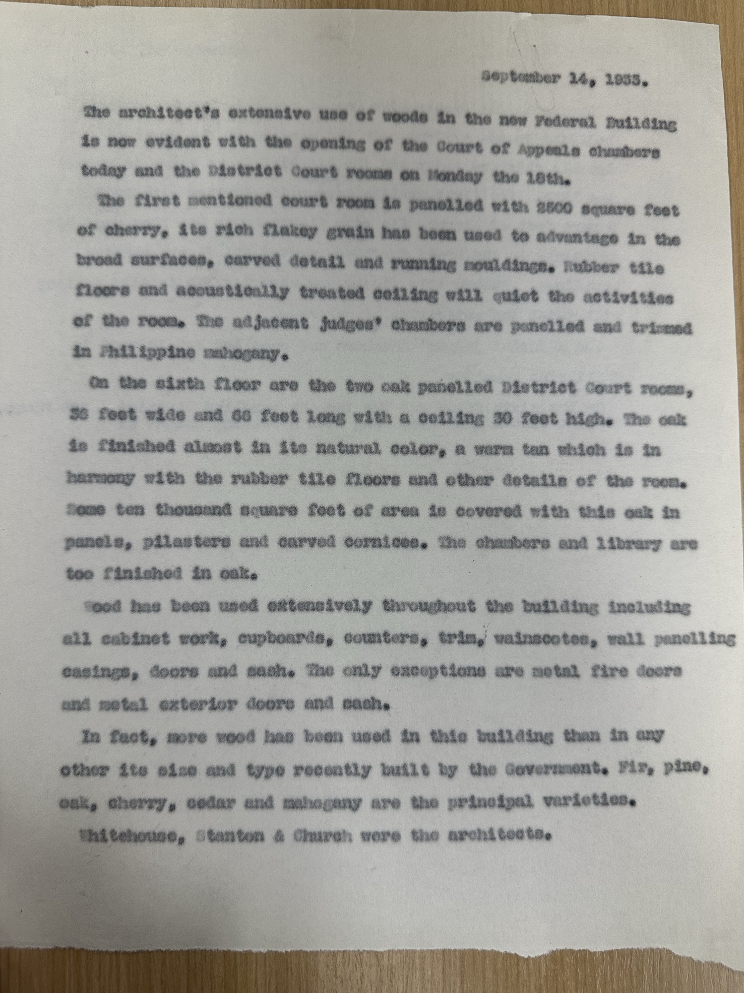 Press statement on woods in New Federal Building (faint carbon)