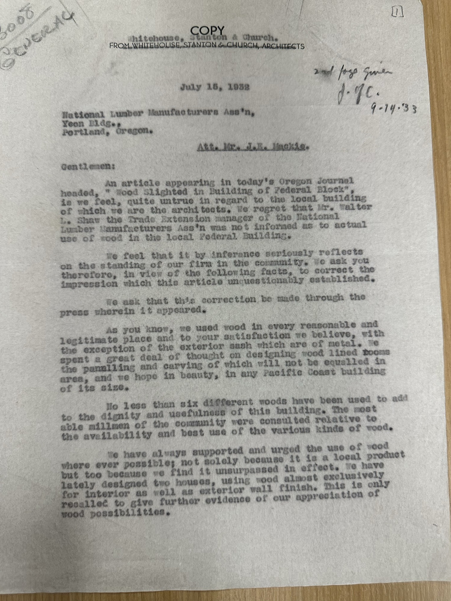 Architects' letter defending wood use in Federal Building, July 1932