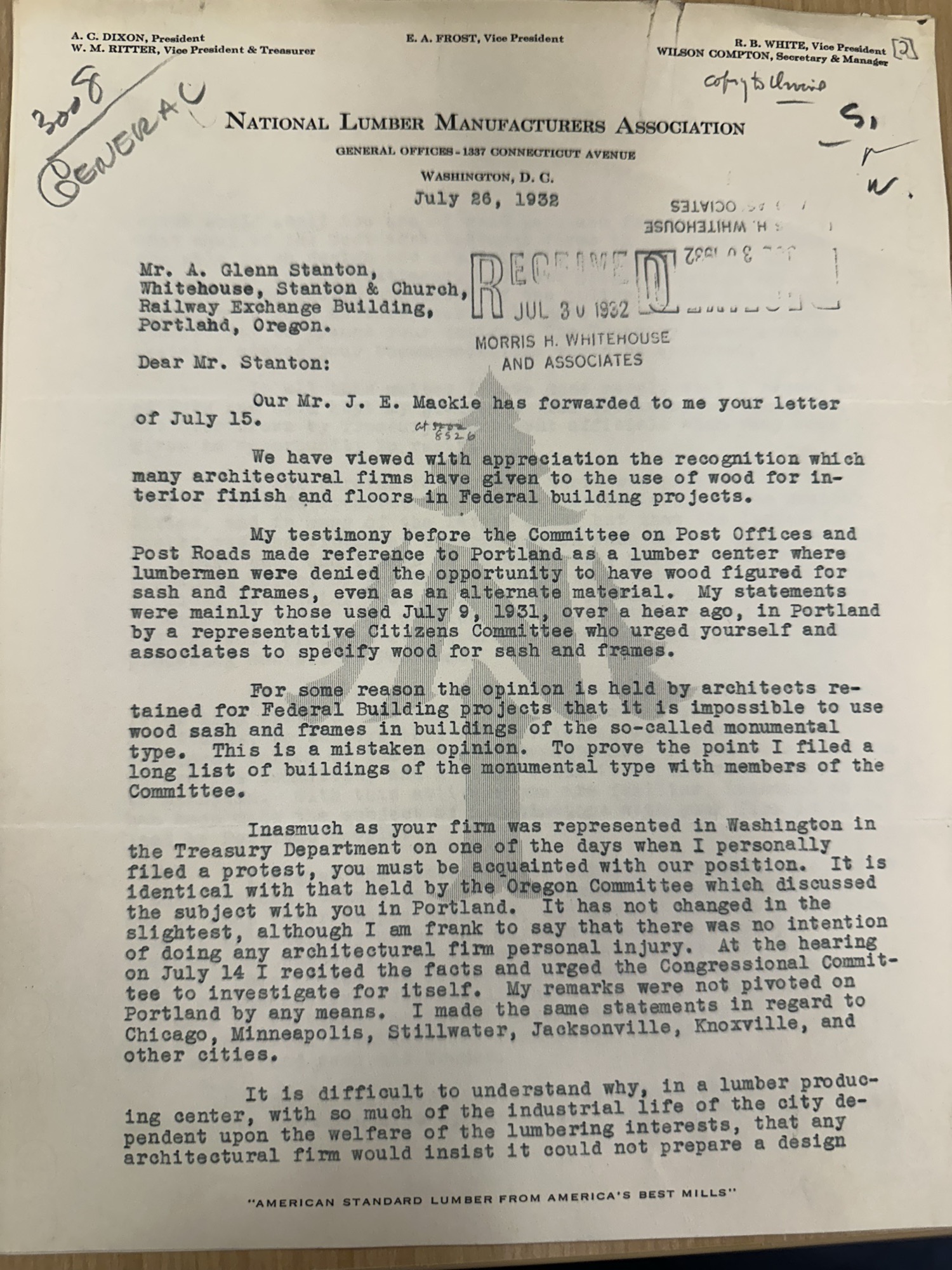 Reply from National Lumber Mfrs Assn (W.F. Shaw) to architect Stanton, p.1, July 26 1932