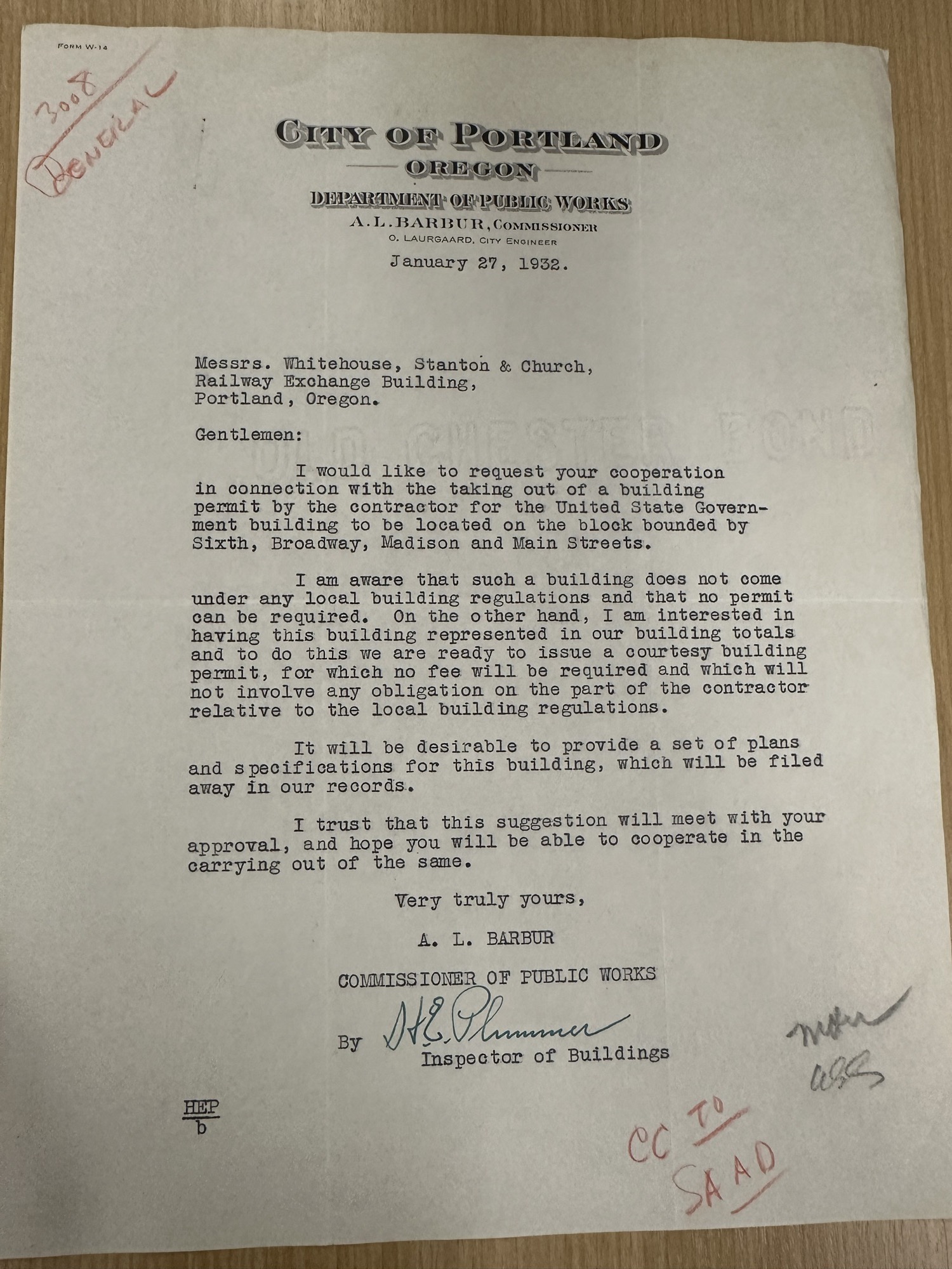 City of Portland letter re building permit for Federal Building, Jan 27 1932