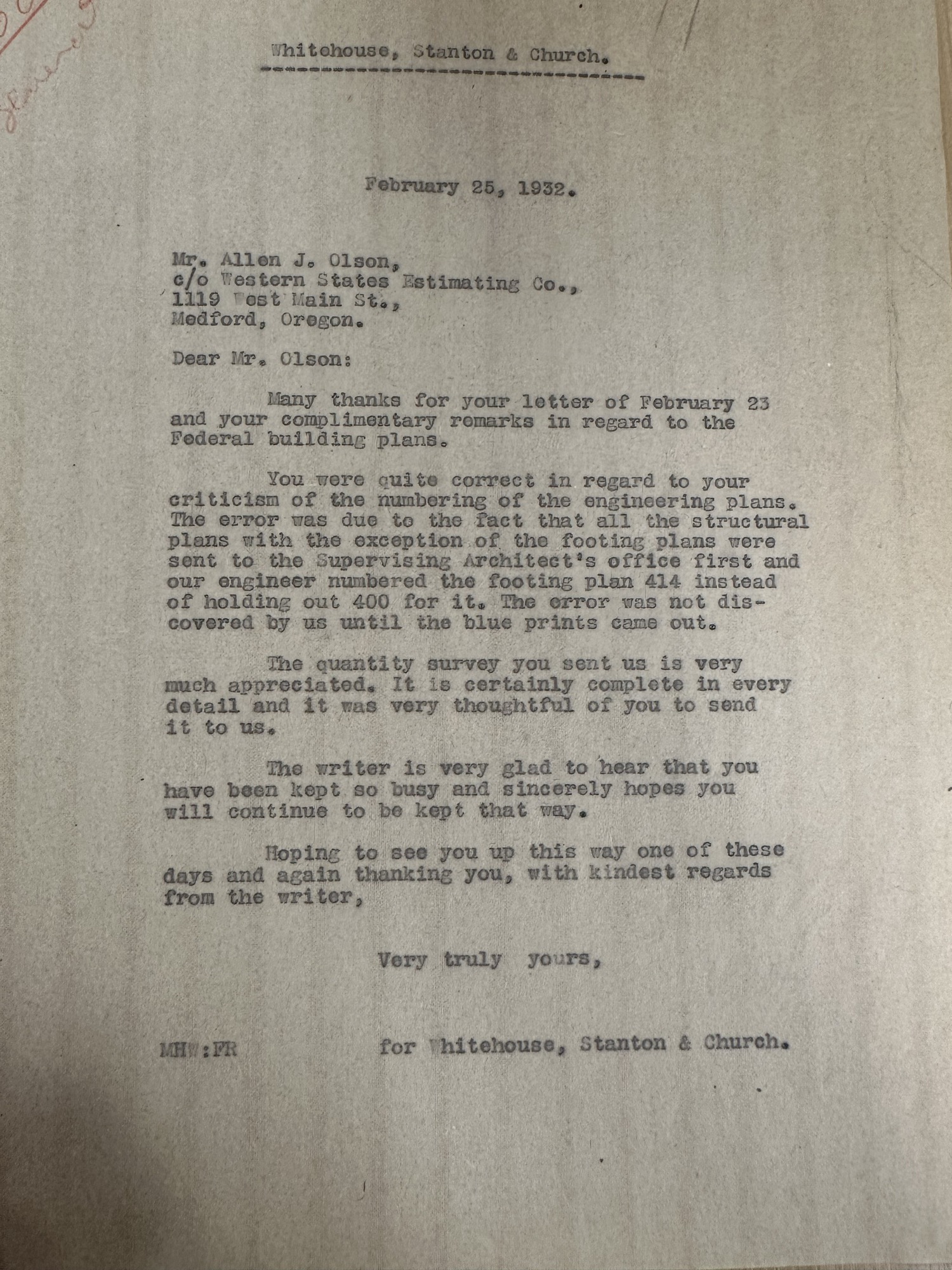 Architects reply to estimator Olson re footing plan numbering, Feb 25 1932