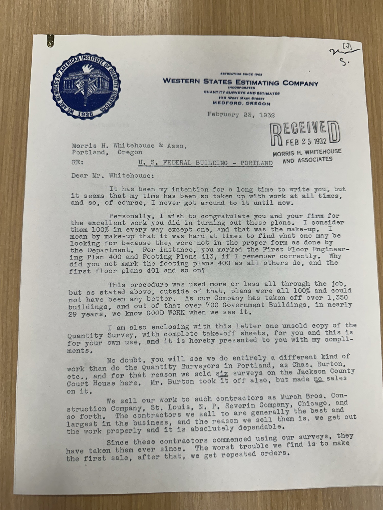 Western States Estimating Co. praises Federal Building plans, p.1, Feb 23 1932