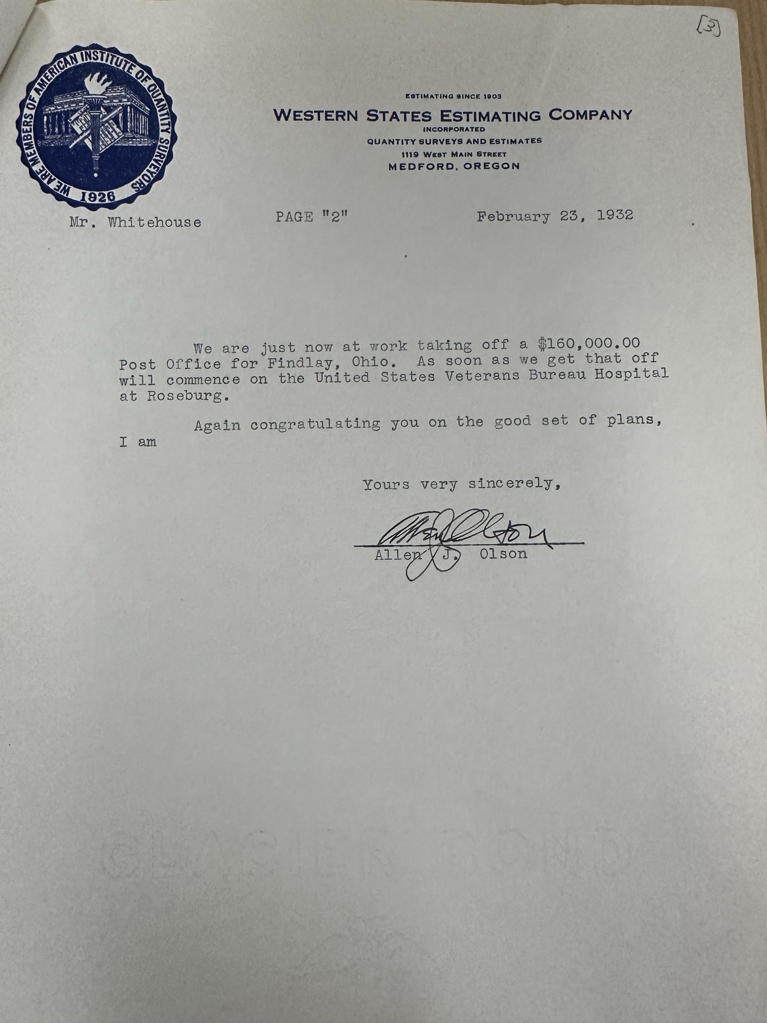 Western States Estimating Co. letter, page 2 (signed), Feb 23 1932