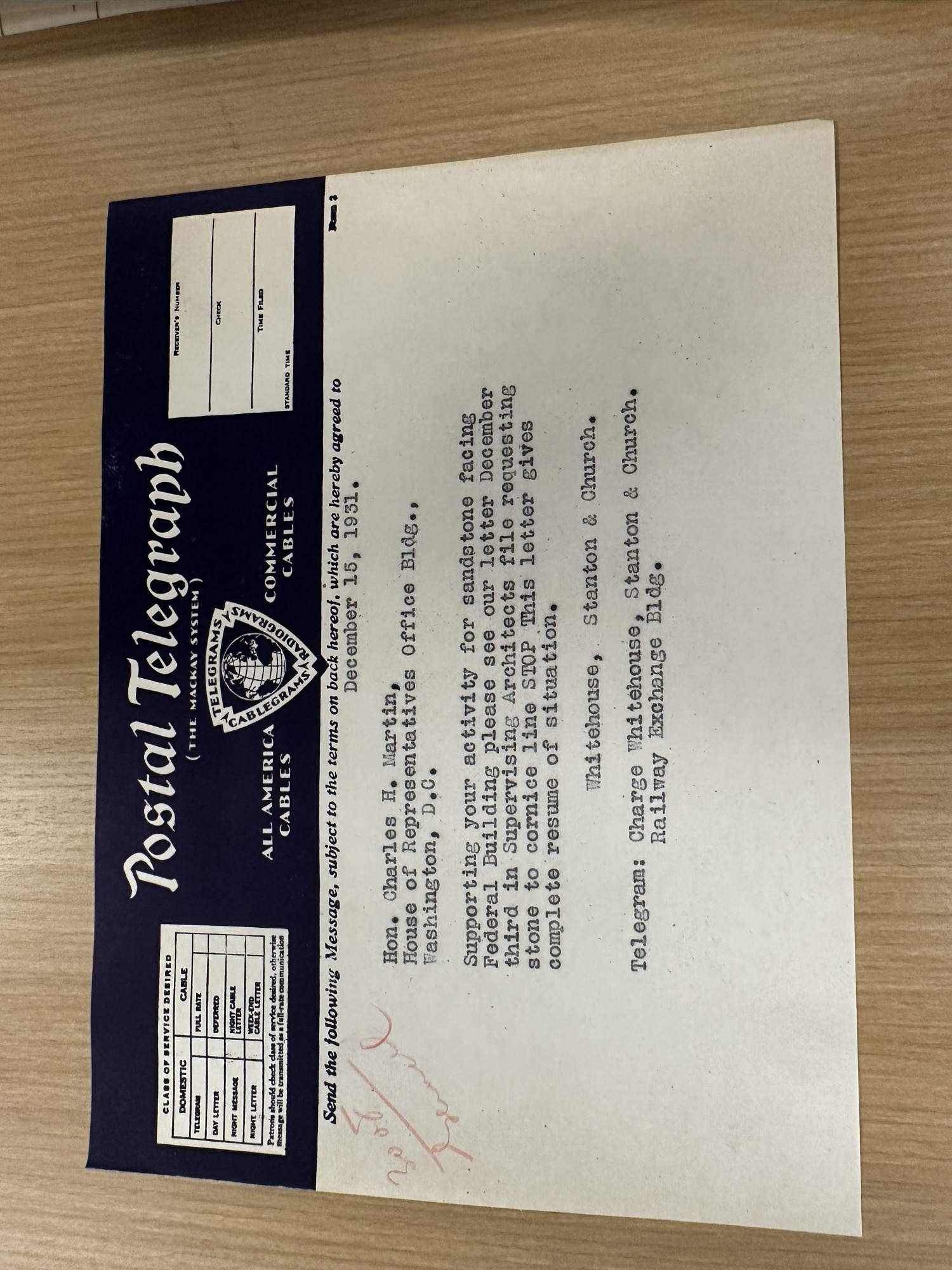 Telegram to Rep. Charles H. Martin supporting sandstone facing, Dec 15 1931