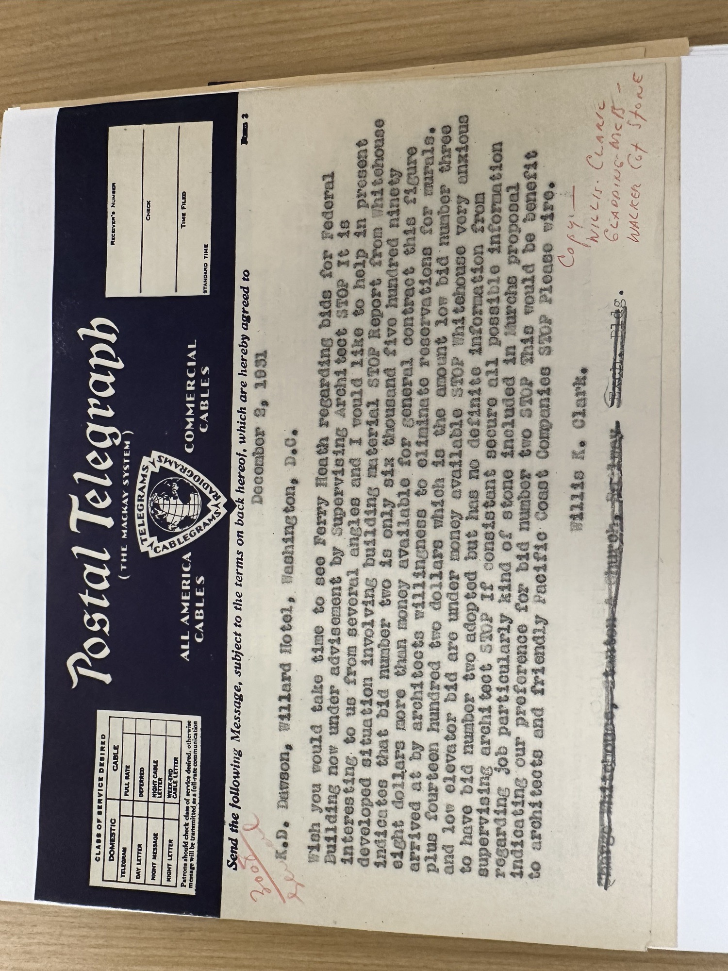 Postal Telegraph: Willis K. Clark urges support for Federal Building bid (1931)