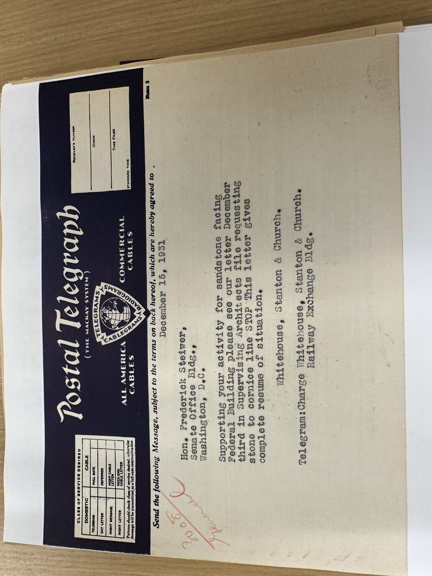 Telegram to Senator Steiwer supporting sandstone facing, Dec 1931