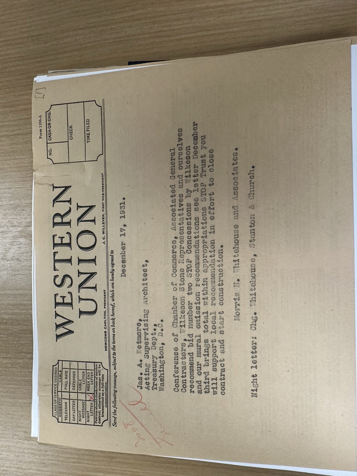 Night letter to Acting Supervising Architect Wetmore recommending bid two