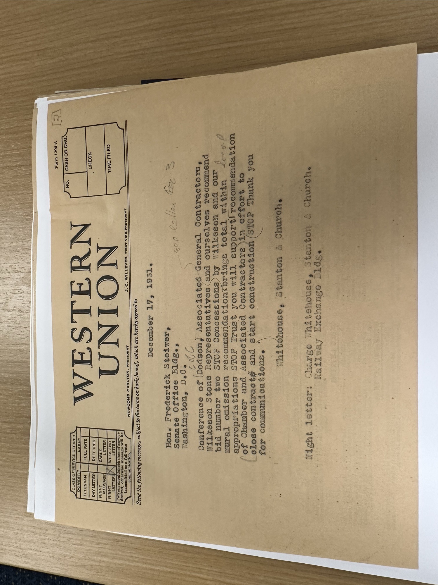 Draft telegram to Senator Steiwer endorsing bid two (with edits)