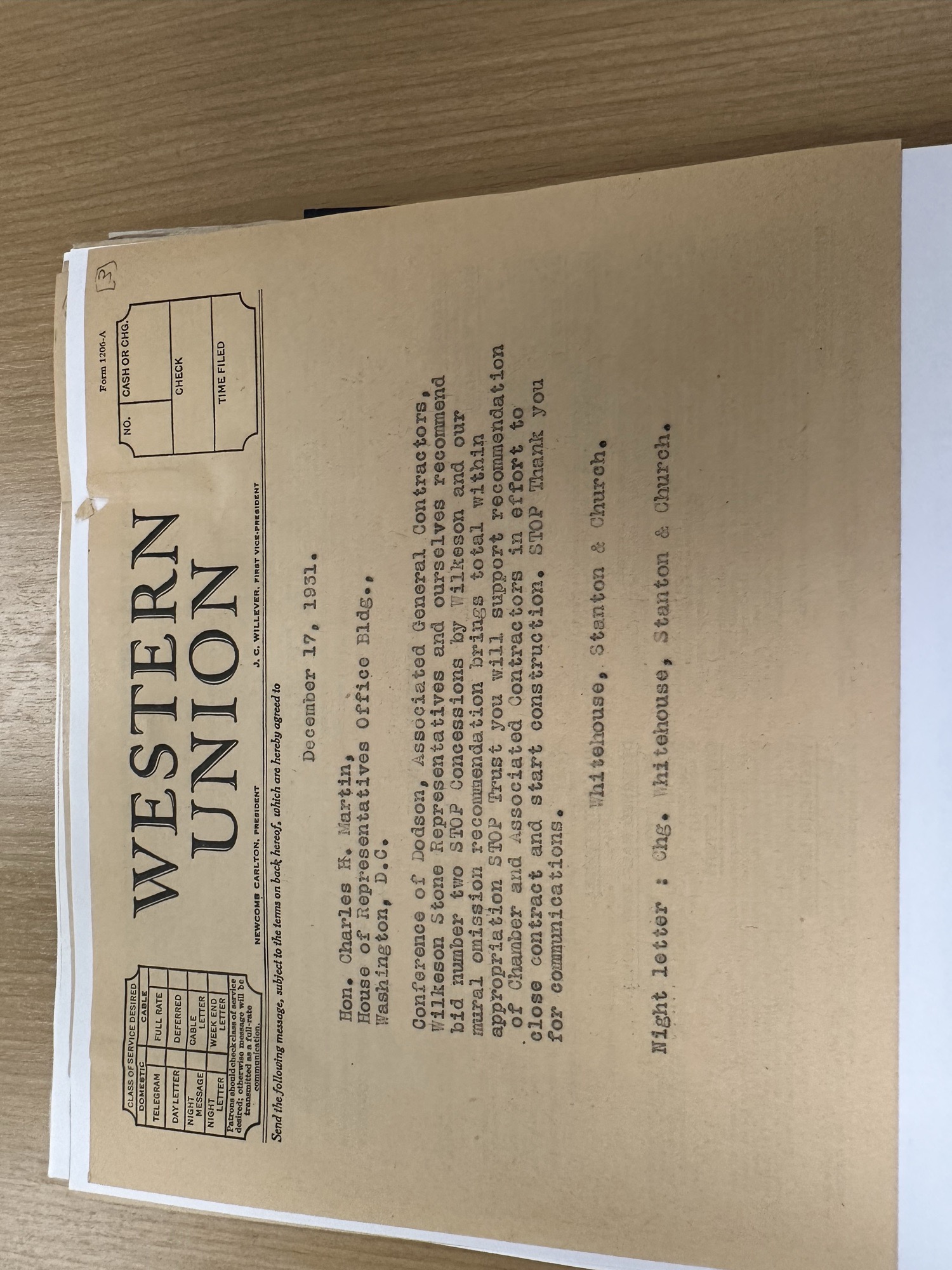 Telegram to Rep. Charles H. Martin recommending bid two, Dec 1931