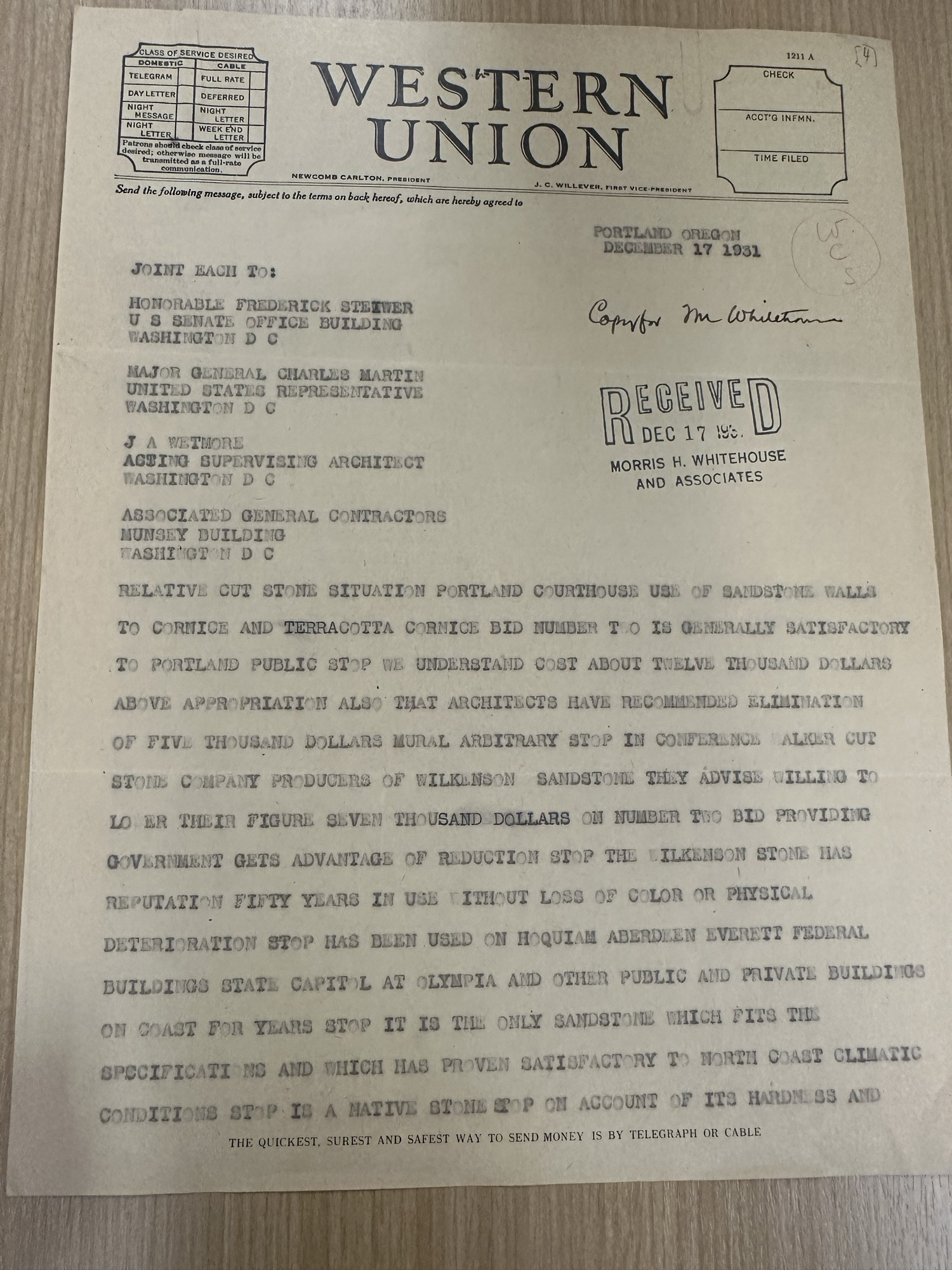 Joint telegram arguing for native Wilkeson sandstone on Portland courthouse