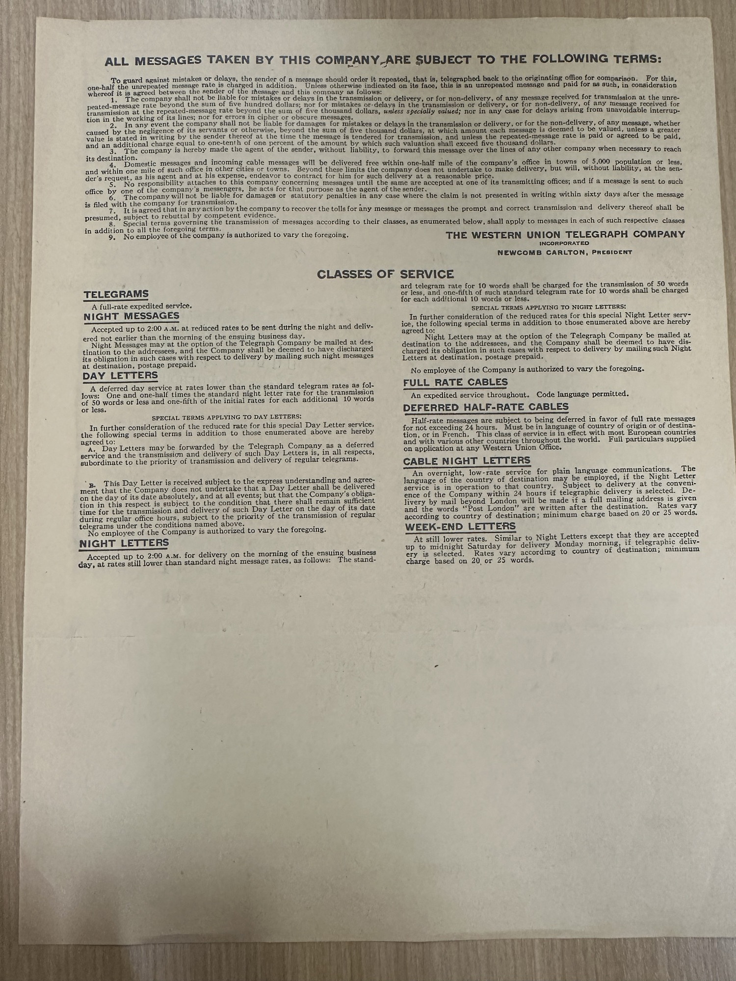 Reverse of Western Union form: message terms and classes of service