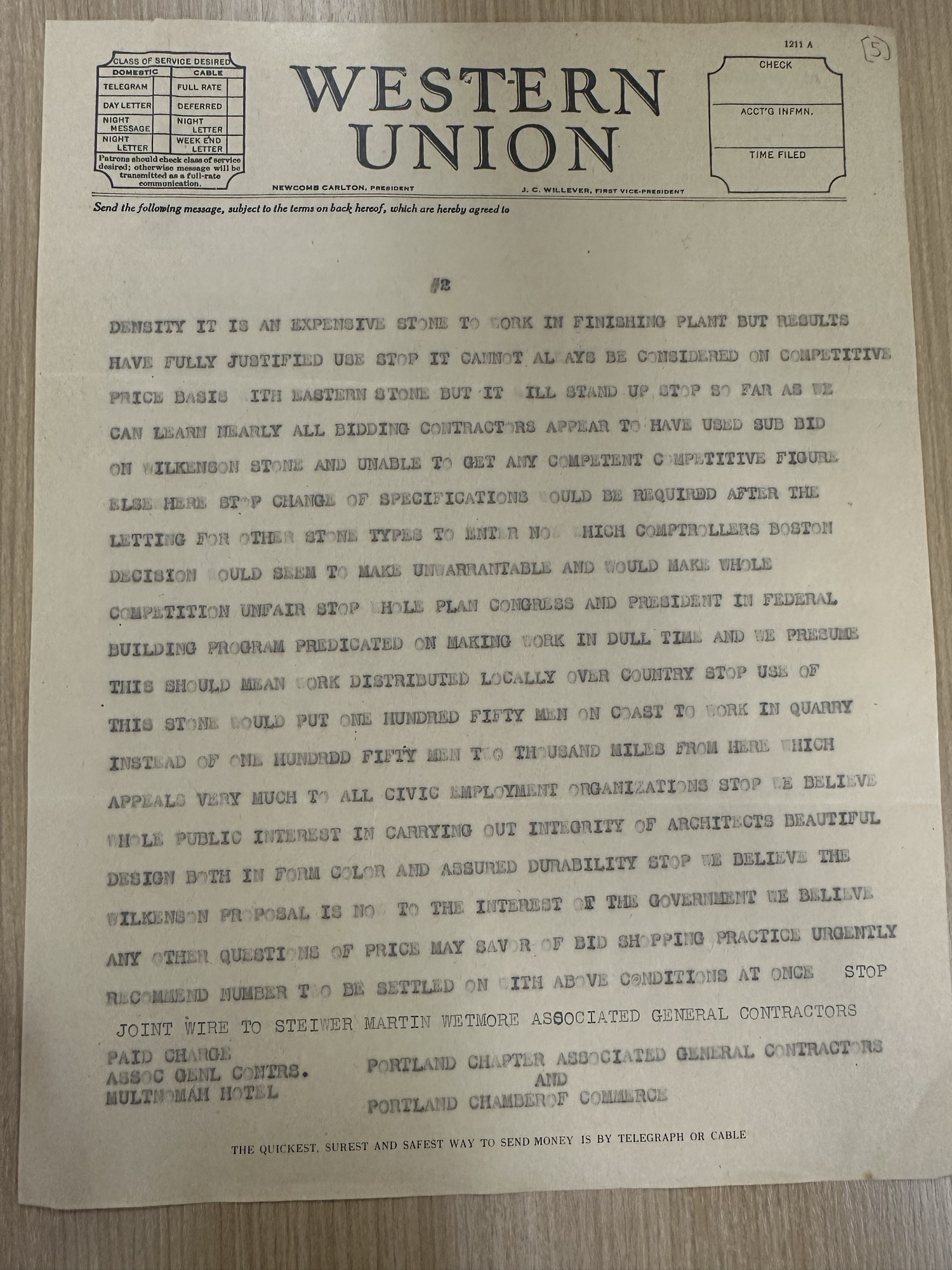 Joint telegram, page 2: local stone, labor and anti-bid-shopping argument