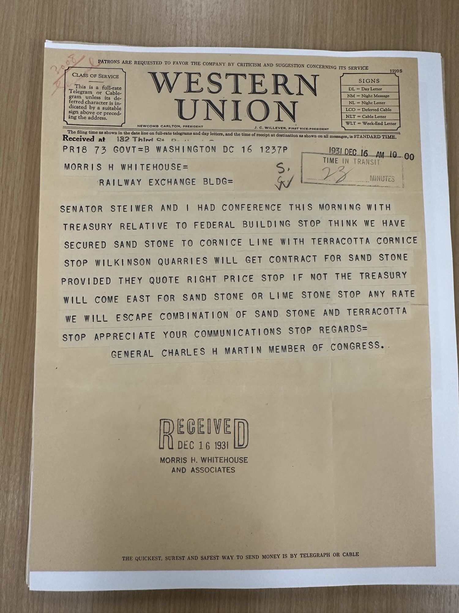 Rep. Martin wires: Treasury will allow sandstone to cornice line, Dec 16 1931
