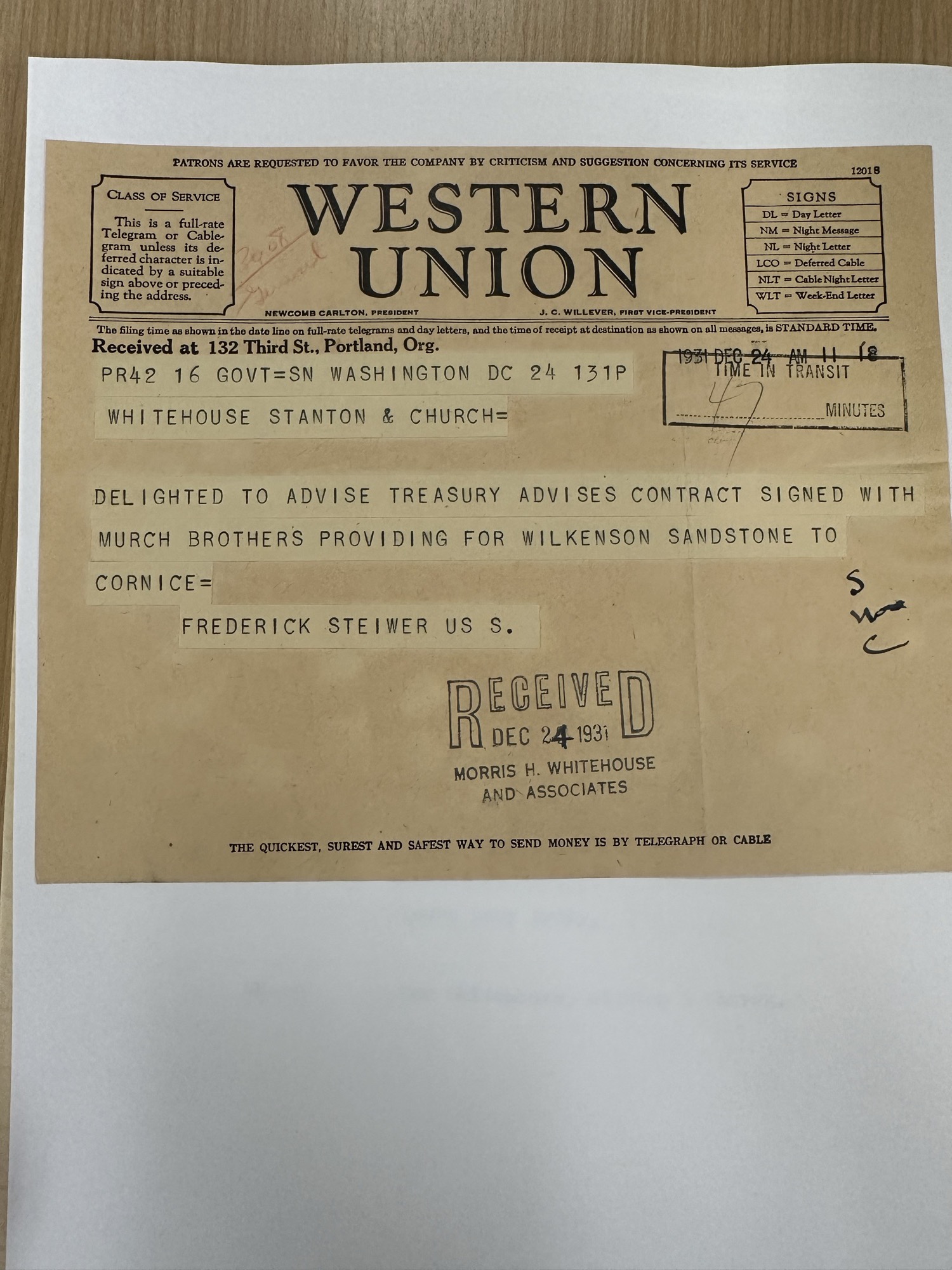 Senator Steiwer confirms contract signed with Murch Brothers, Dec 24 1931