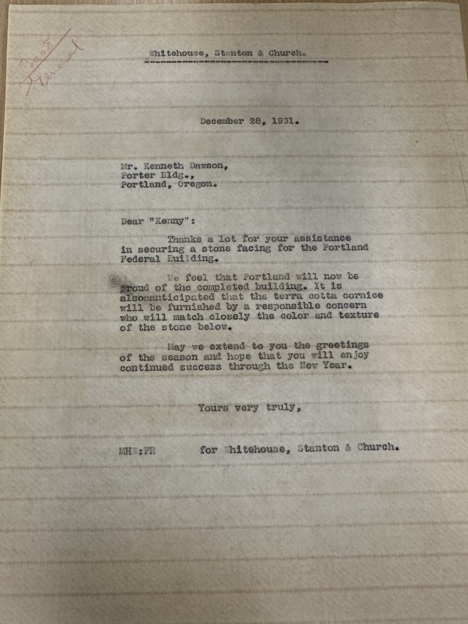 Whitehouse letter thanking Kenneth 'Kenny' Dawson for securing stone facing