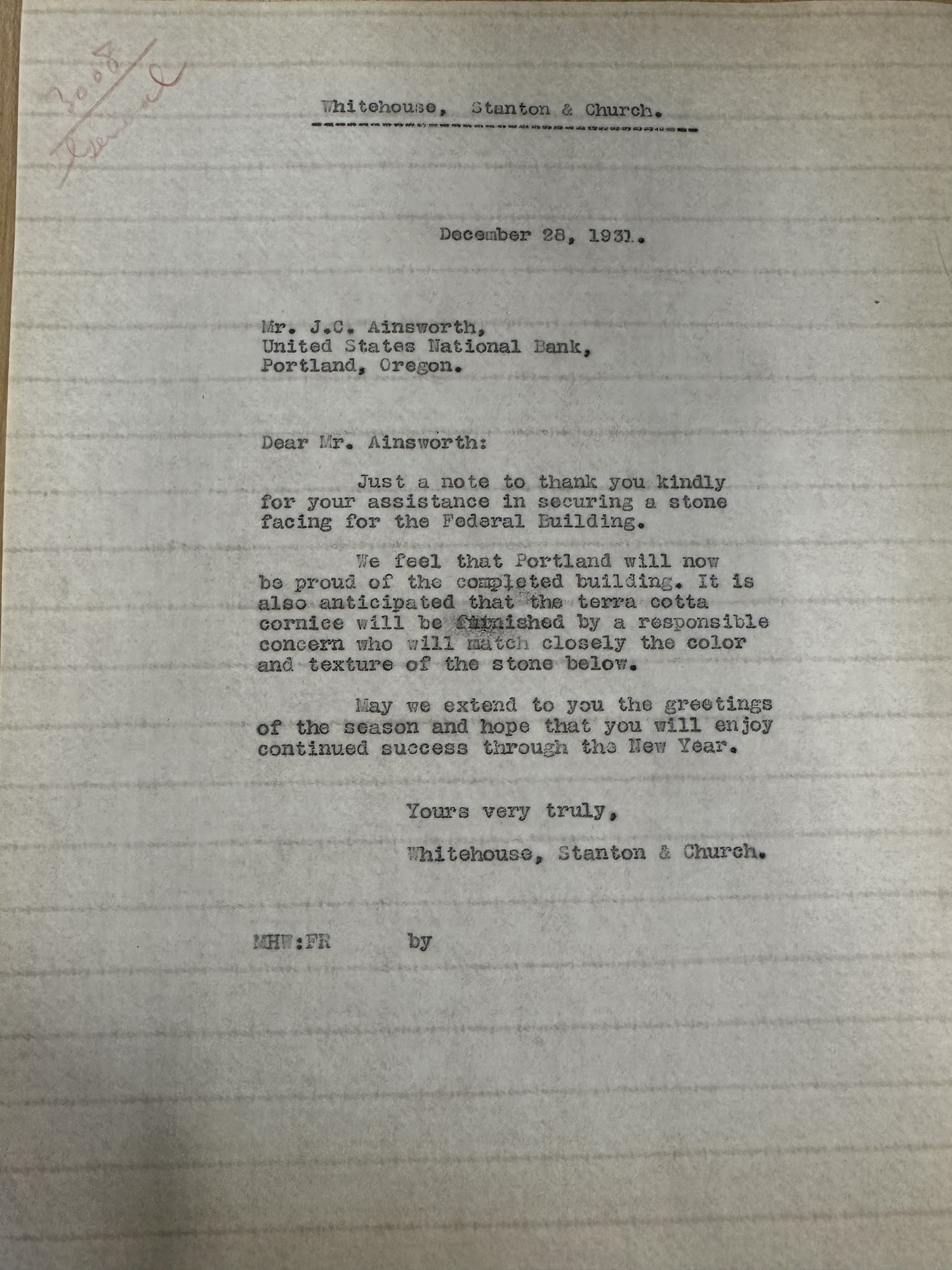 Whitehouse letter thanking banker J.C. Ainsworth for securing stone facing