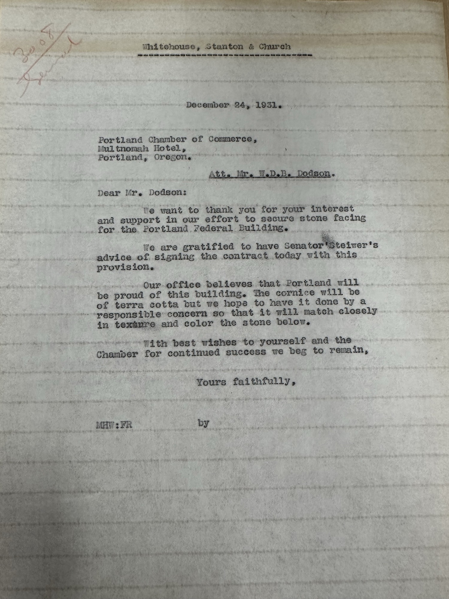Whitehouse letter thanking Portland Chamber of Commerce (Dodson), Dec 24 1931