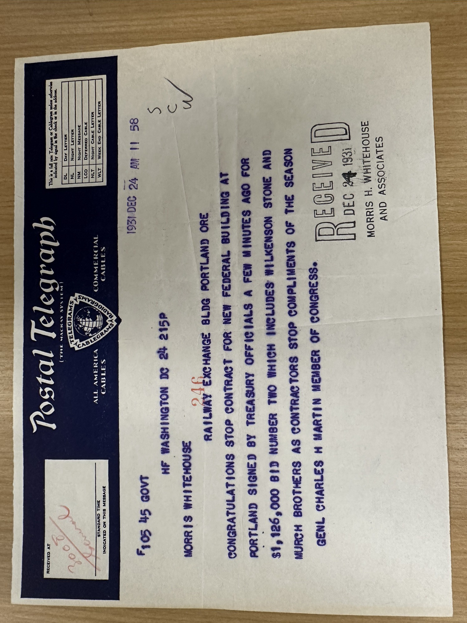 Telegram: Federal Building contract signed for $1,126,000 (bid two), Dec 24 1931