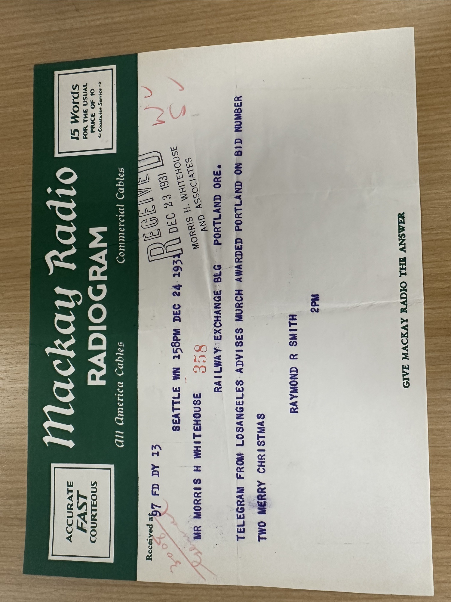 Mackay Radio radiogram: Murch awarded Portland on bid number two, Dec 1931