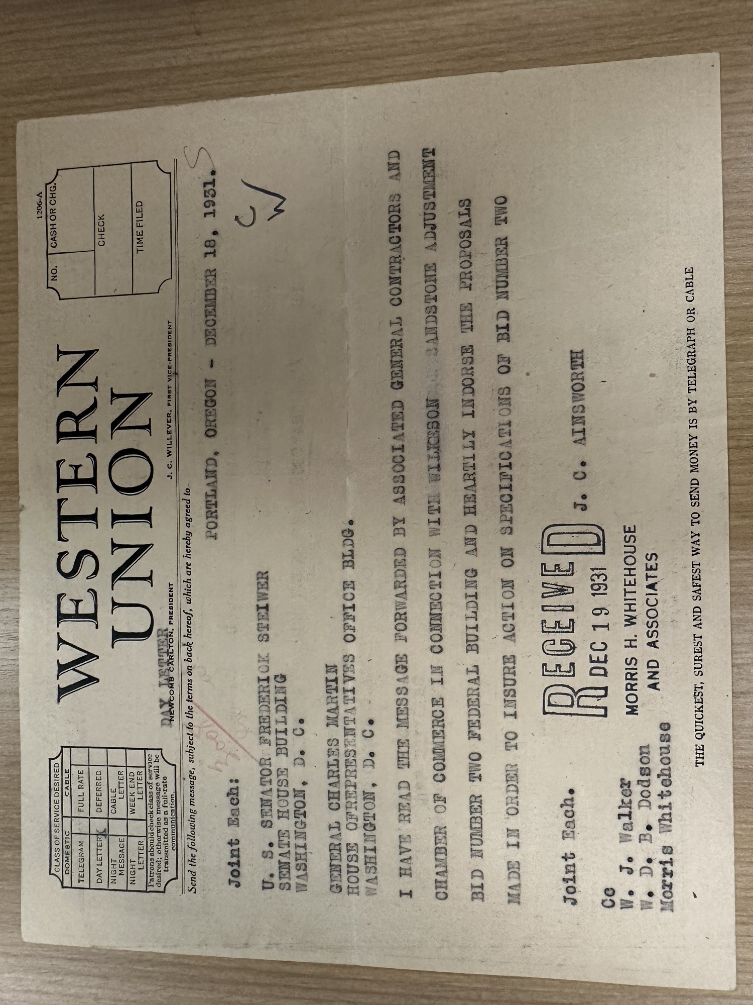 J.C. Ainsworth day letter endorsing bid two to Steiwer and Martin, Dec 18 1931