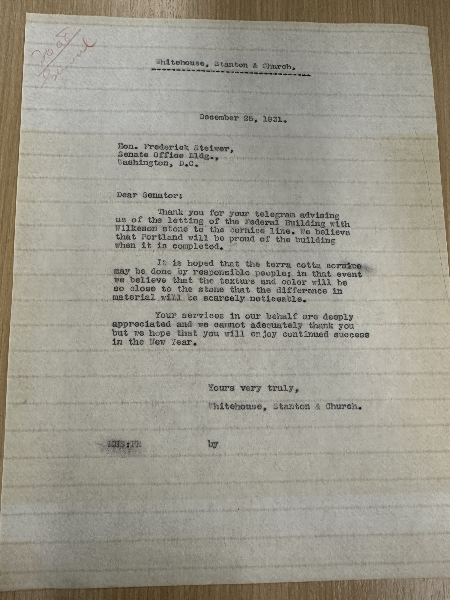 Architects thank Sen. Steiwer for Wilkeson stone letting, Dec 1931
