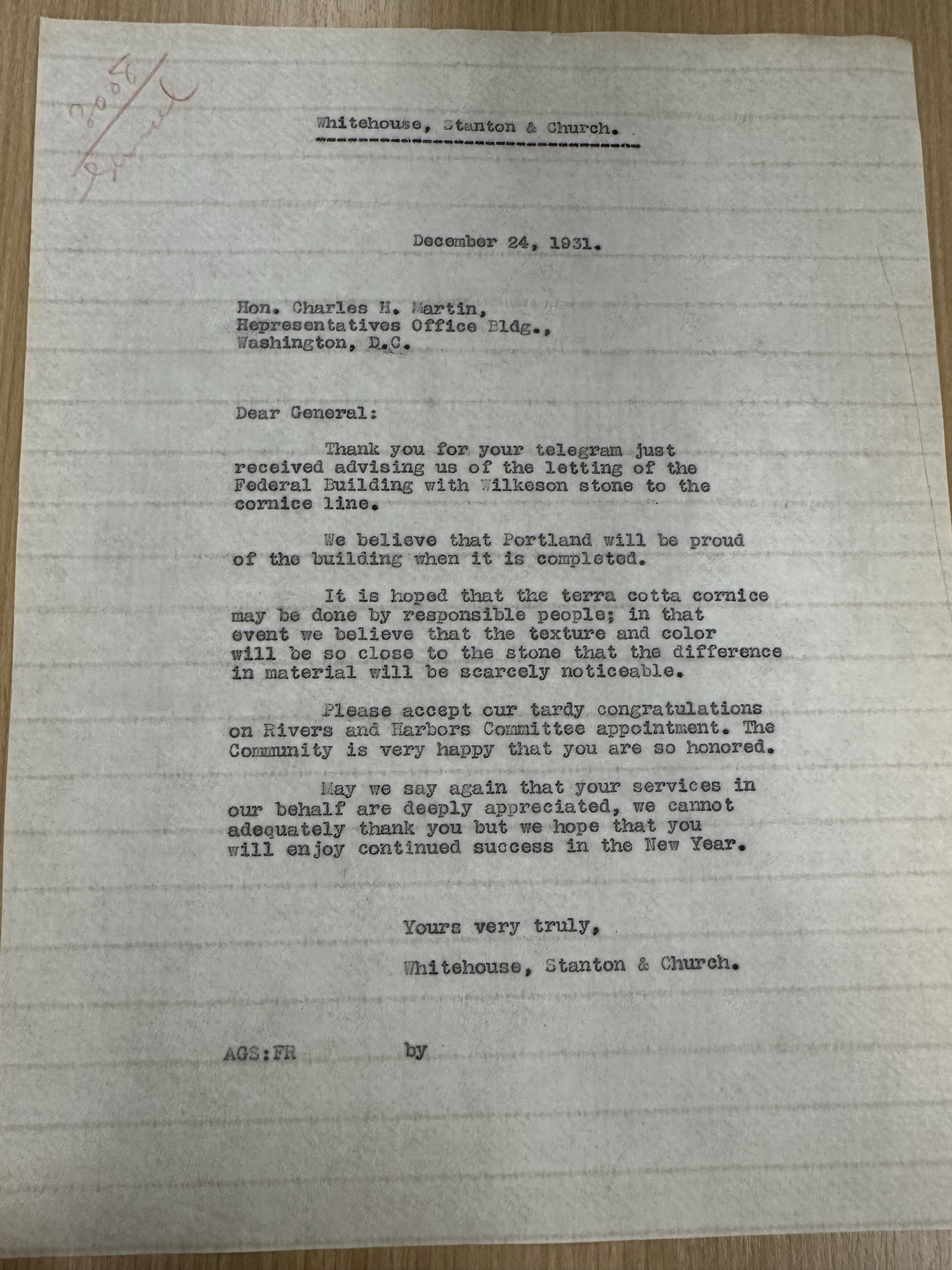 Architects thank Rep. Charles H. Martin for Wilkeson stone letting