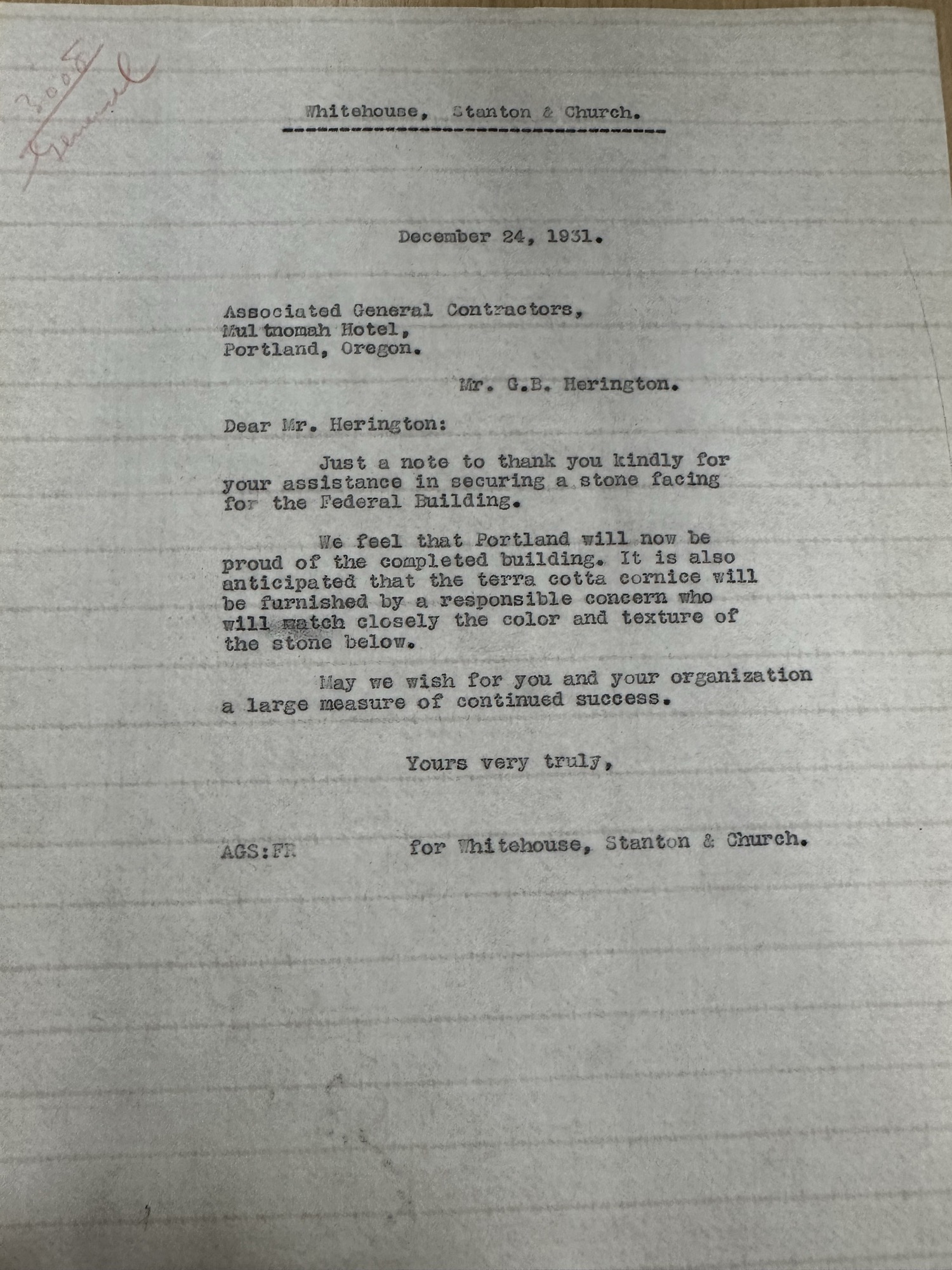 Architects thank G.B. Herington (AGC) for help securing stone facing