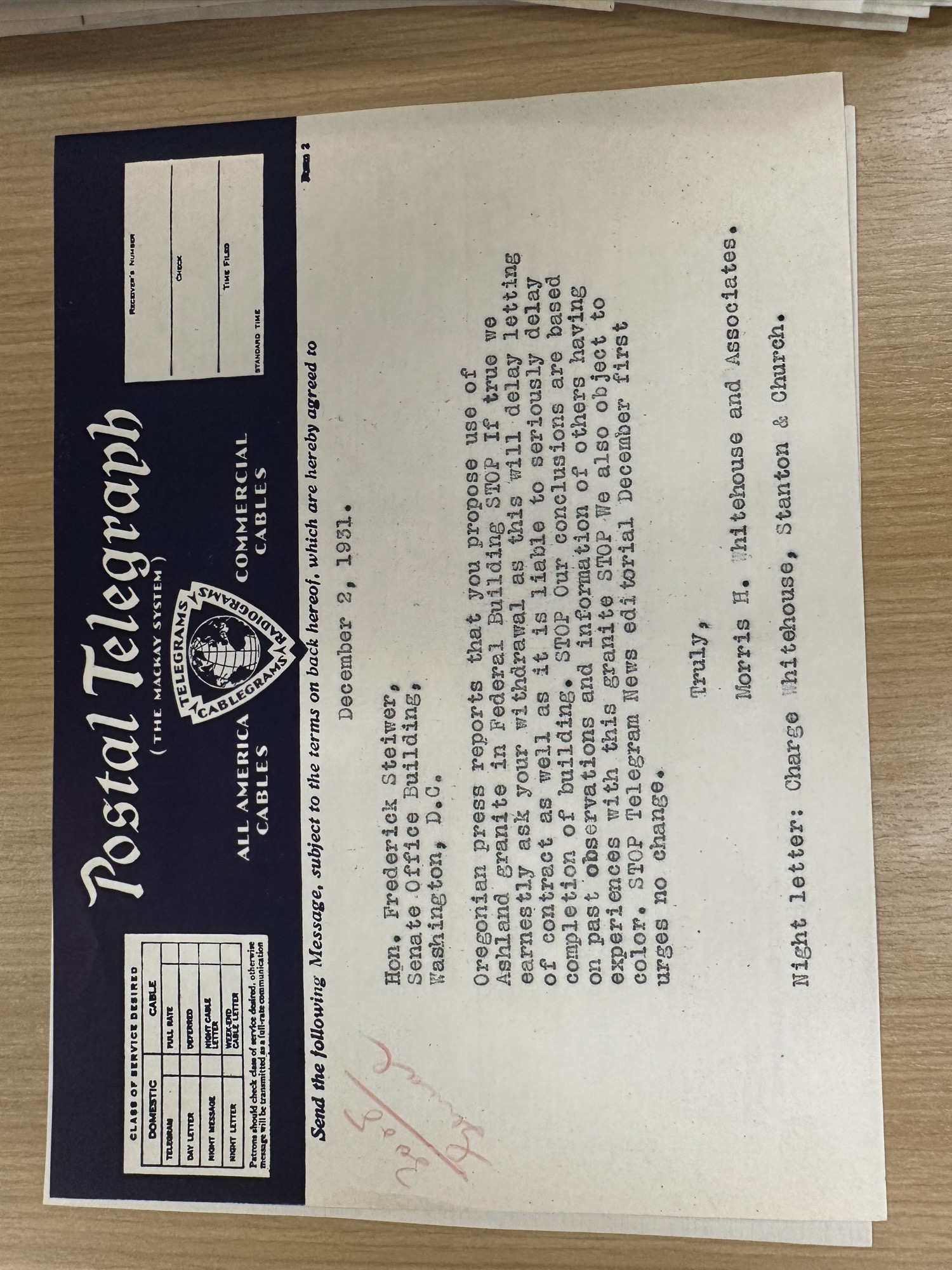 Architects' night letter protesting Ashland granite for Federal Building