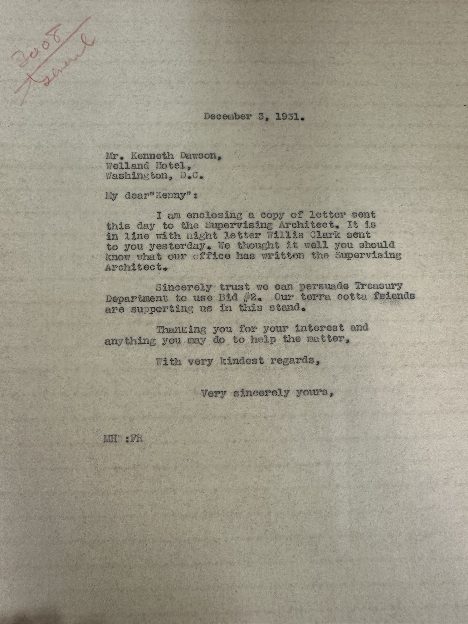 Whitehouse letter to Kenneth Dawson urging Treasury to use Bid #2