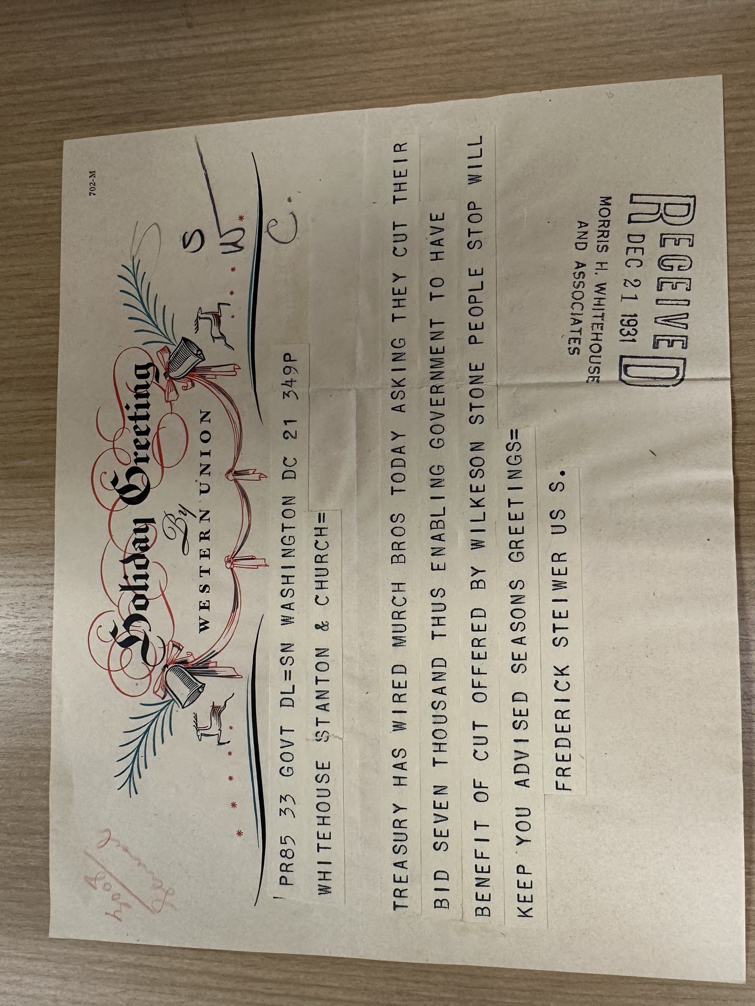 Steiwer telegram: Treasury asks Murch Bros to cut bid for Wilkeson stone