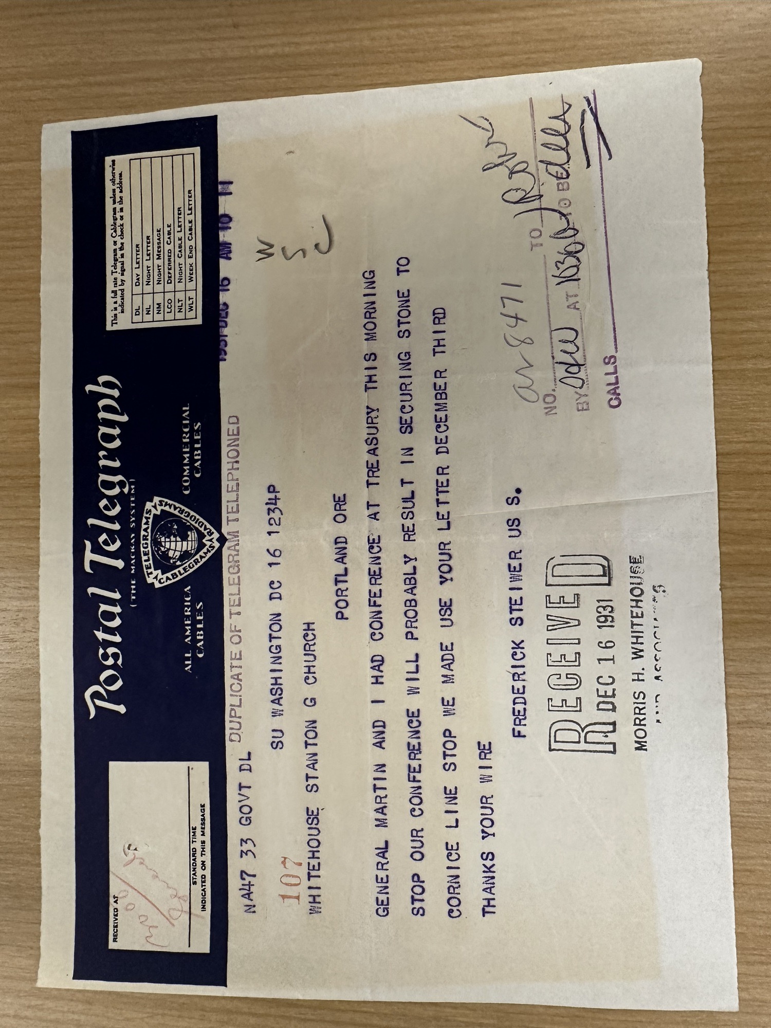 Steiwer telegram: Treasury conference likely to secure stone to cornice