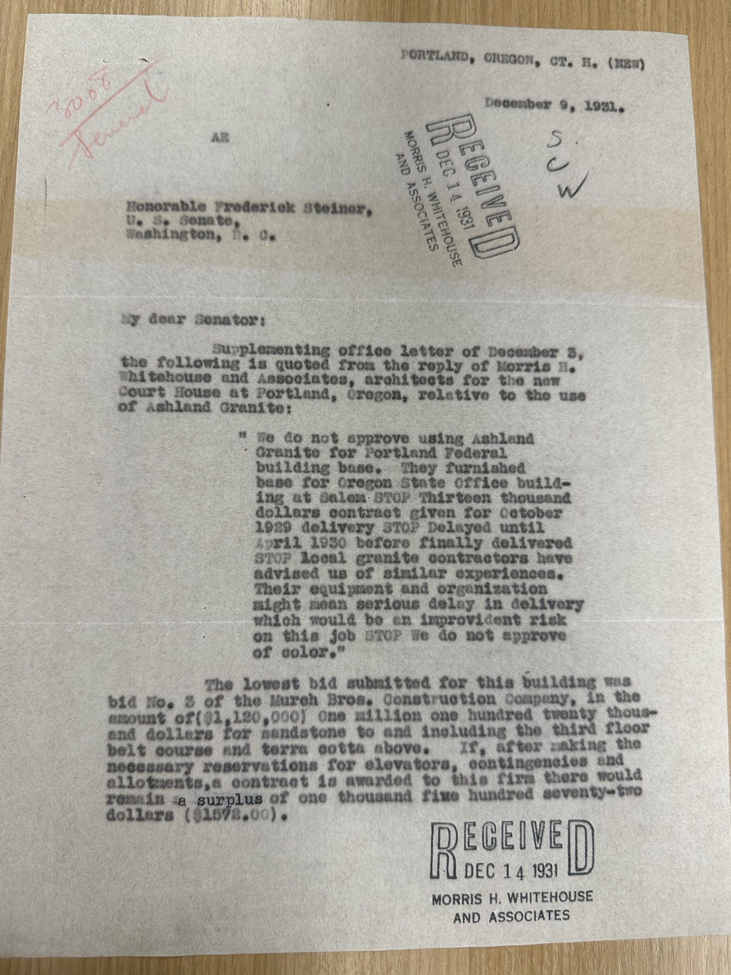 Supervising Architect letter: Murch Bros low bid $1,120,000; granite rejected
