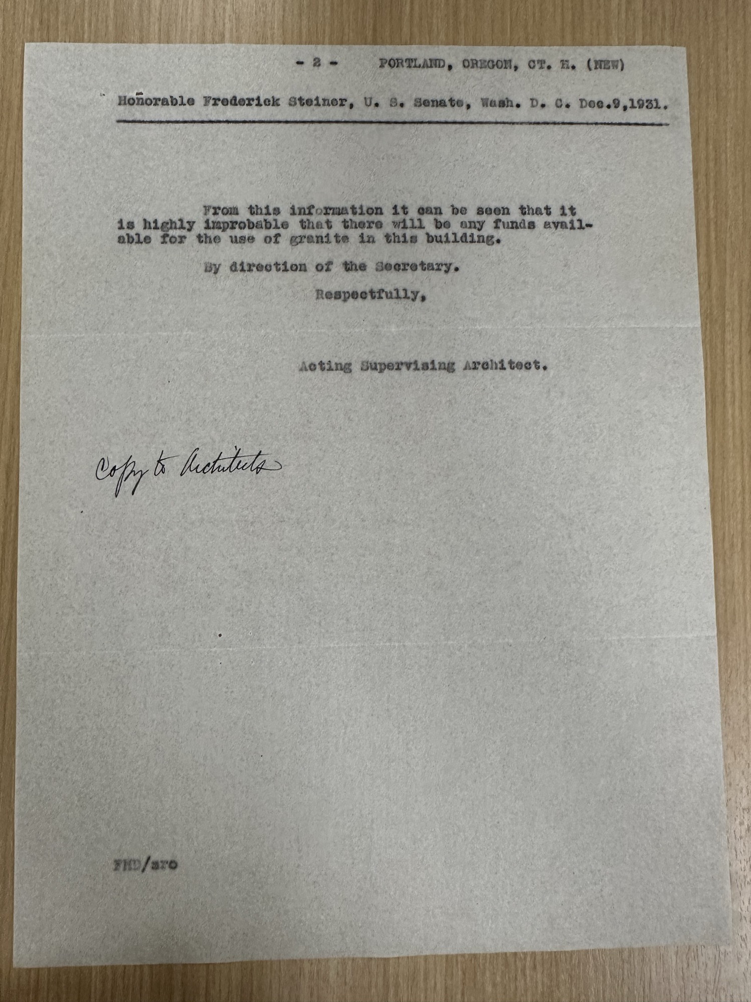 Supervising Architect letter, page 2: no funds for granite