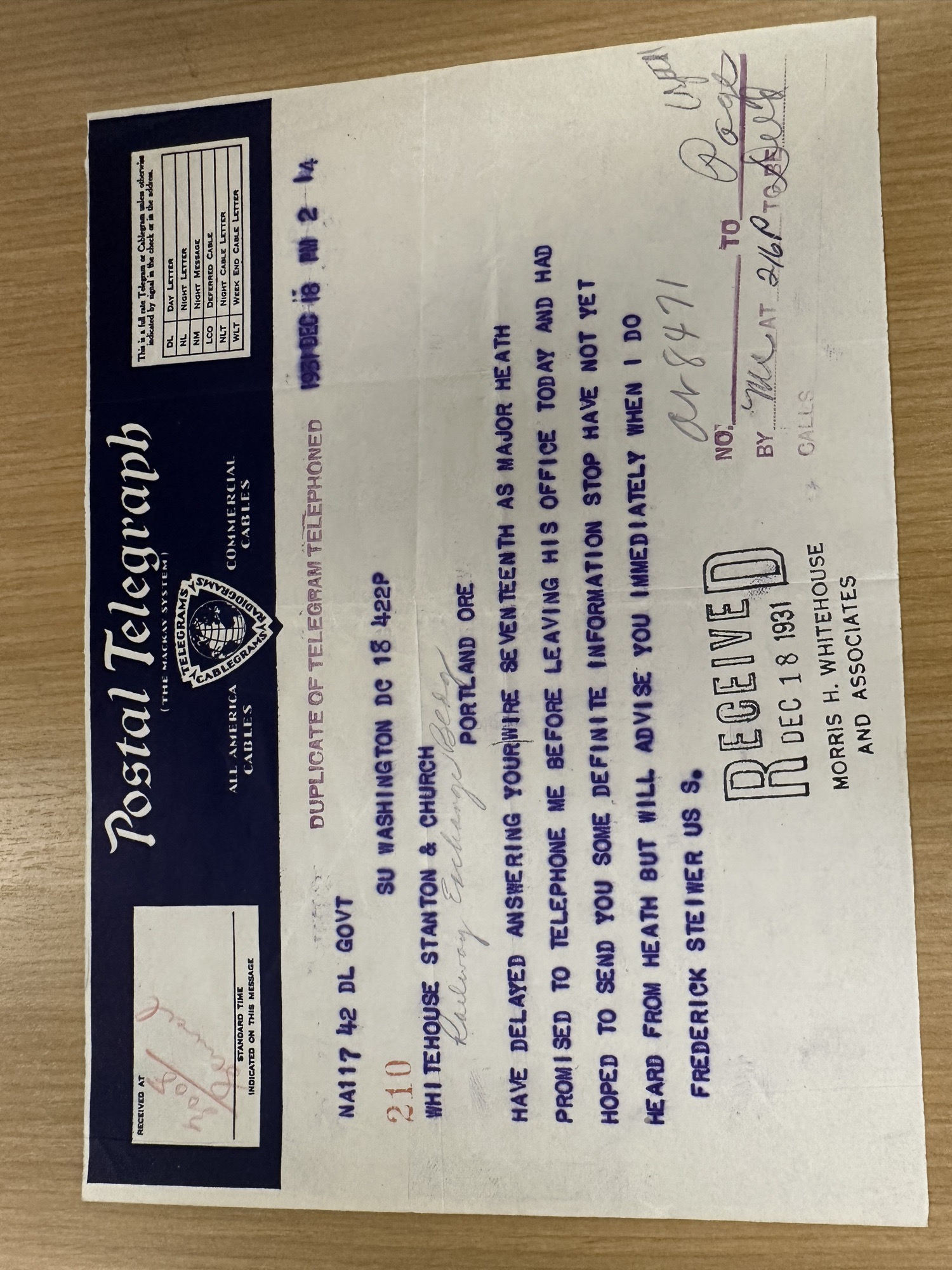 Steiwer telegram: awaiting word from Major Heath