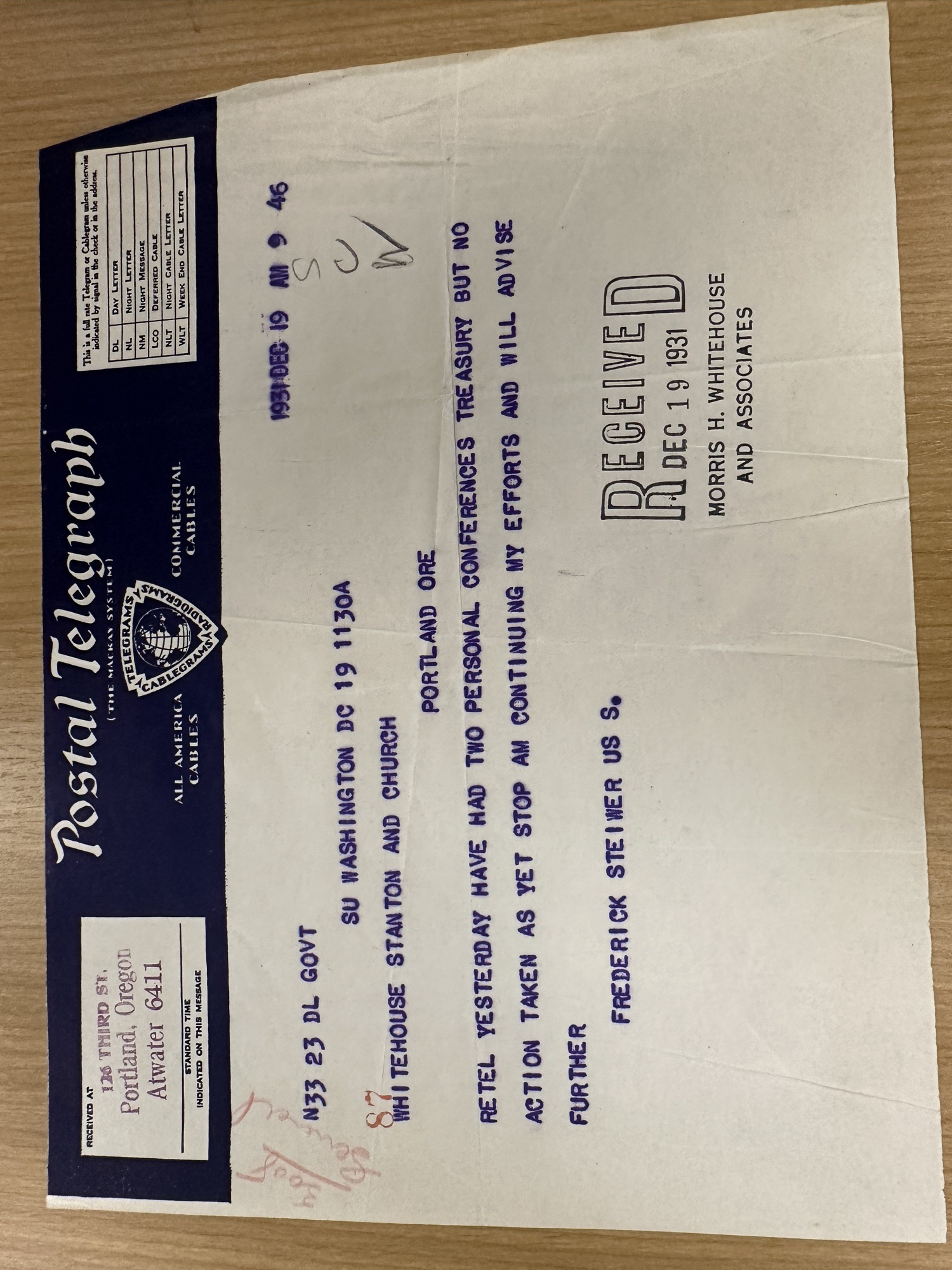 Steiwer telegram: two Treasury conferences, no action yet