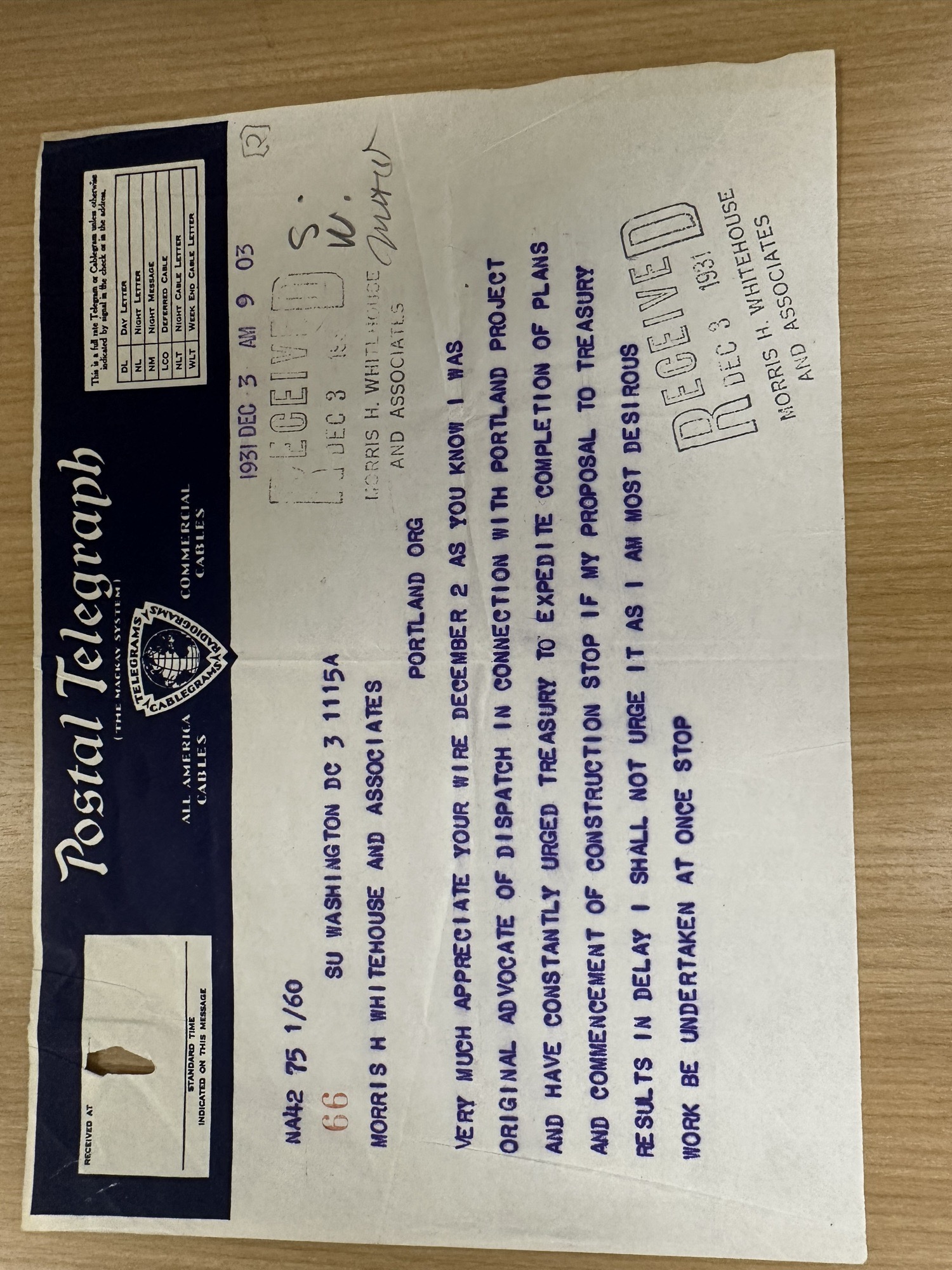 Steiwer telegram: urged Treasury to expedite construction