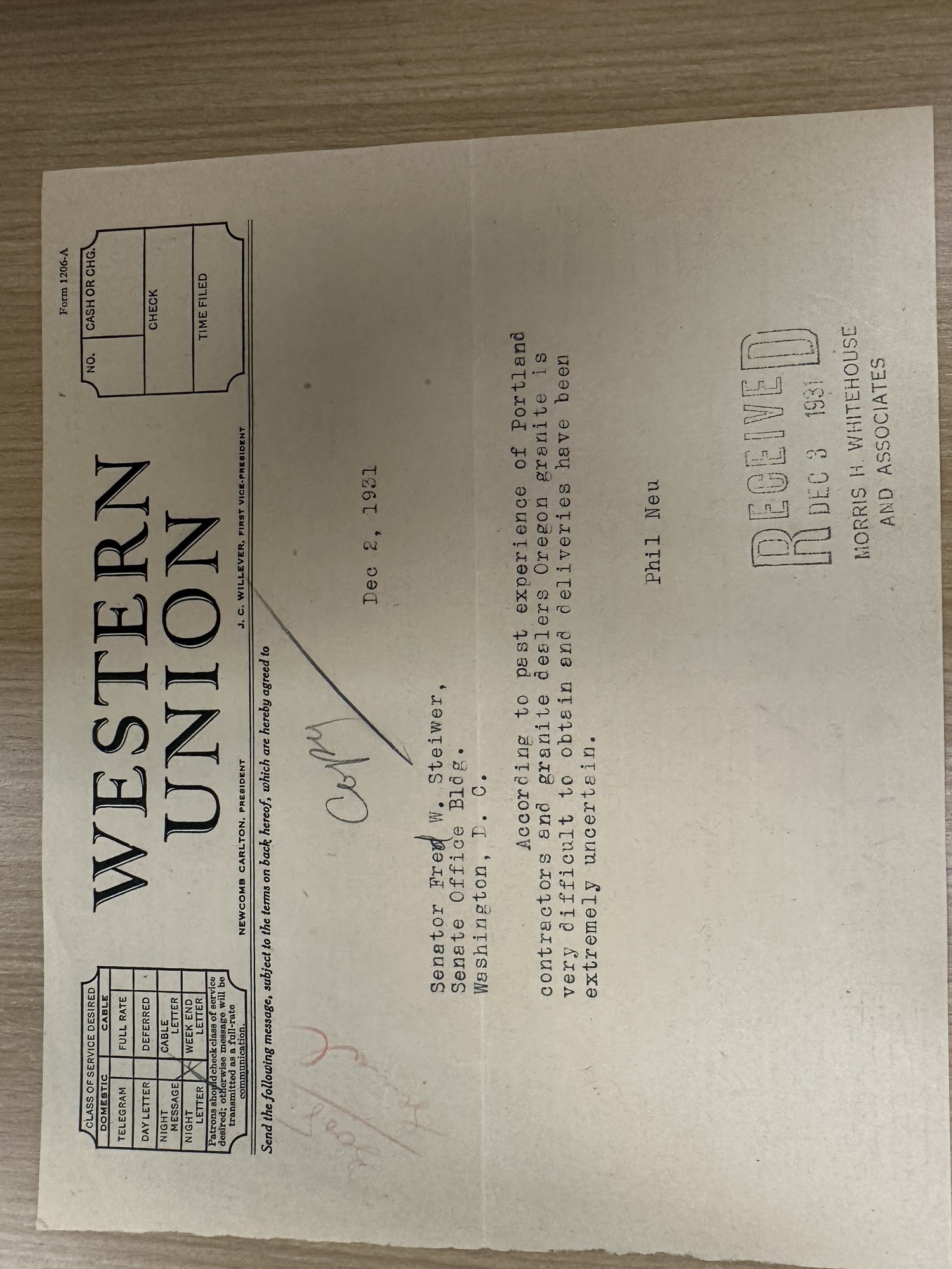 Phil Neu telegram to Sen. Steiwer: Oregon granite hard to obtain