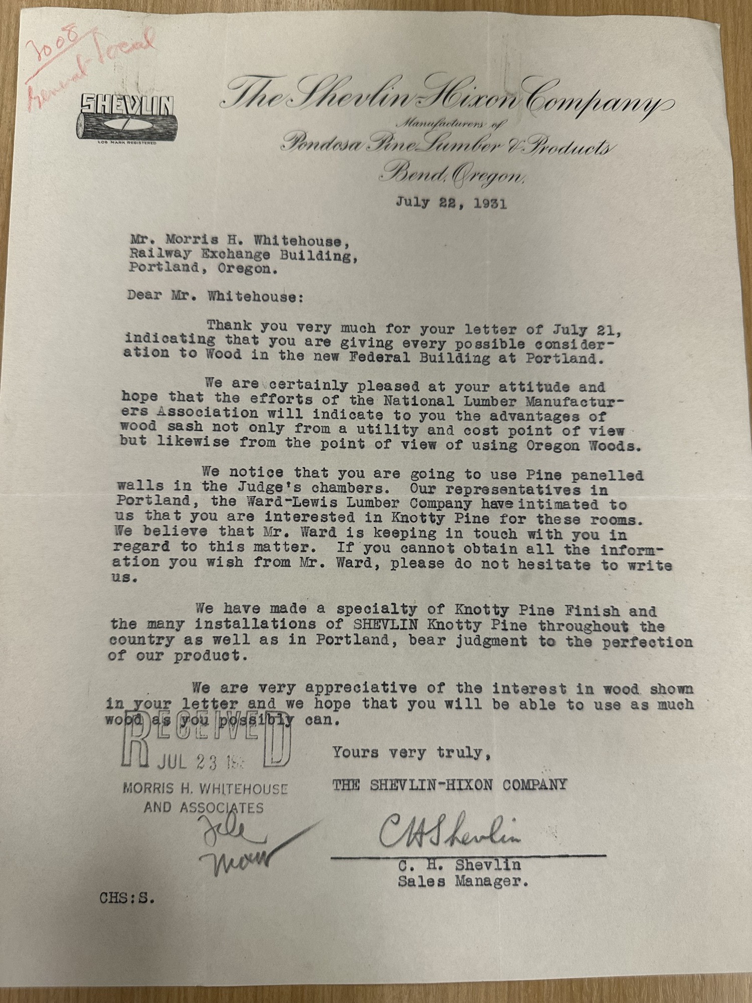 Shevlin-Hixon Co. letter to architect Whitehouse on Oregon pine, July 22 1931