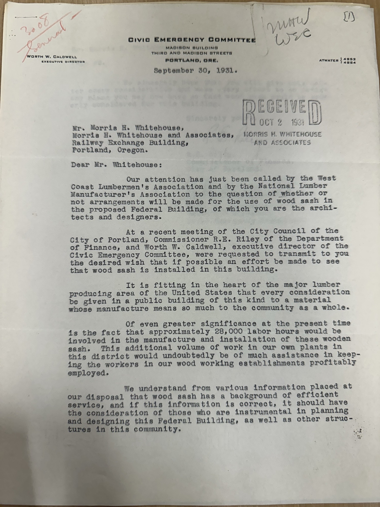 Civic Emergency Committee letter urging wood sash, Sept 30 1931 (page 1)